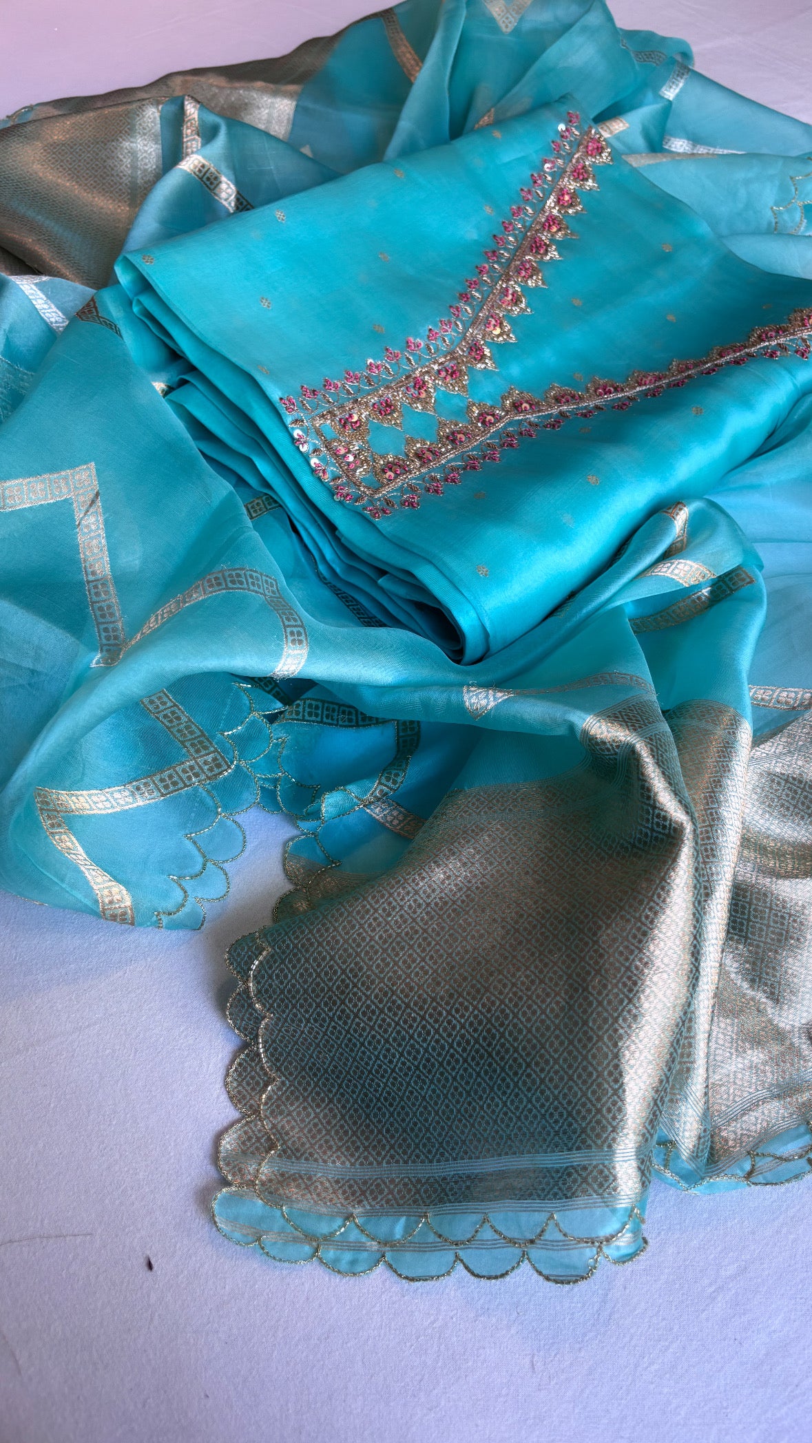 Banarasi “neela joda” kora silk hand embroidered kadhwa suit set