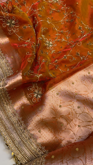 Husn shadi wali saree - Narangi orange husn tissue silk heavy hand embroidered saree