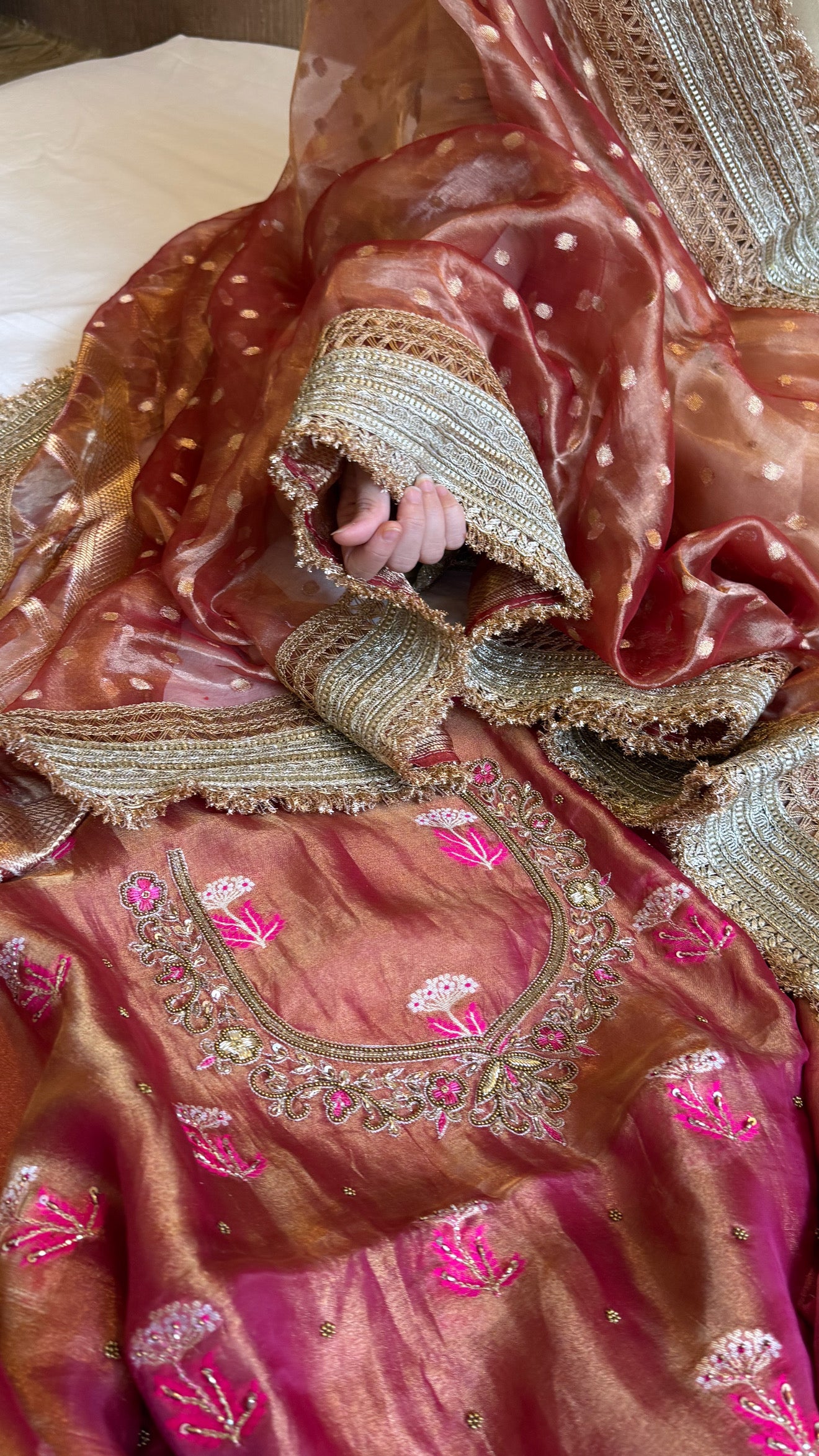 Gajri pinkish red tissue silk heeramandi hand embroidered kadhwa suit set