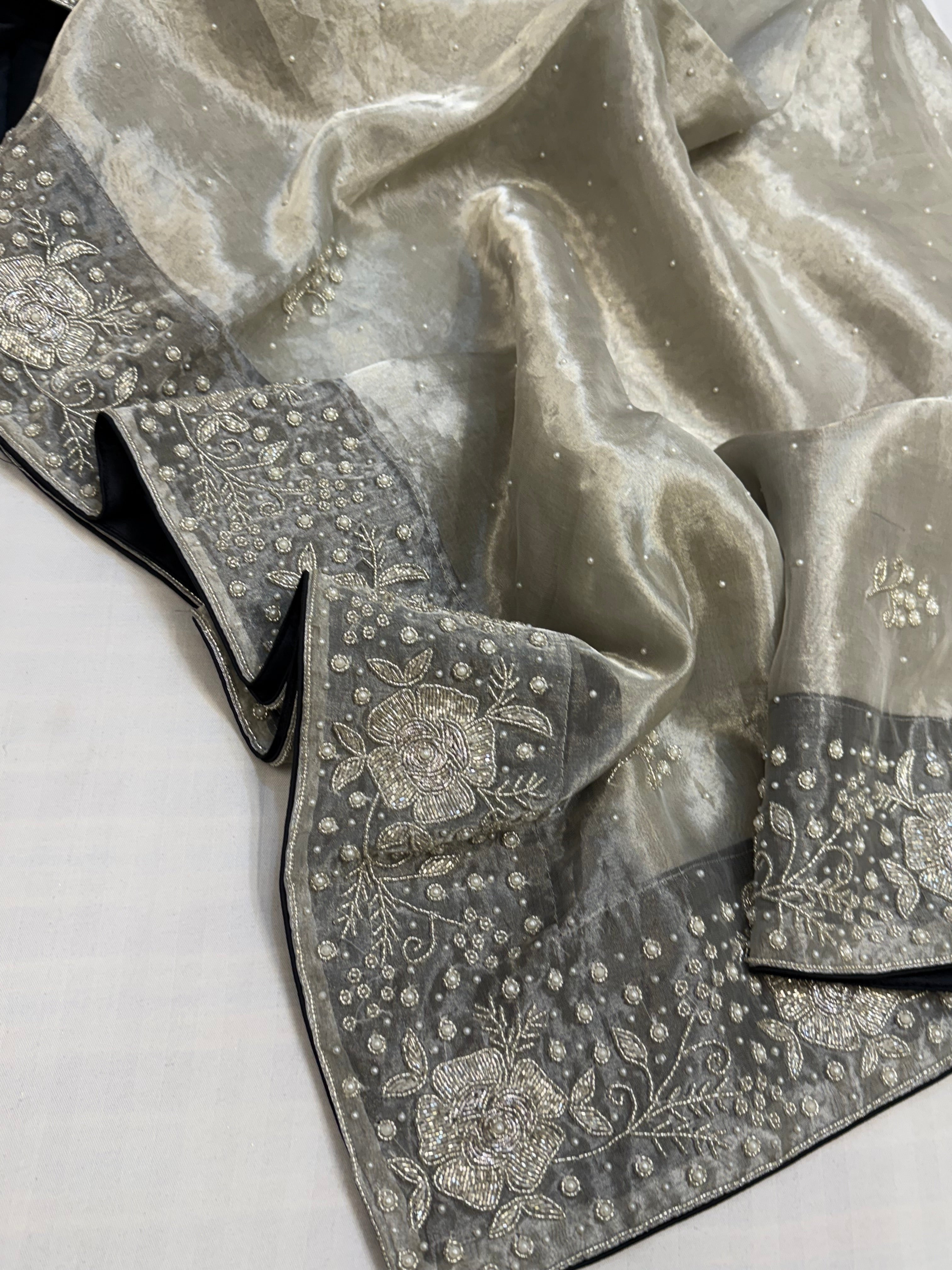 Heere aur moti edit- Ivory diamond tissue silk heavy pearl zardozi work hand embroidered saree