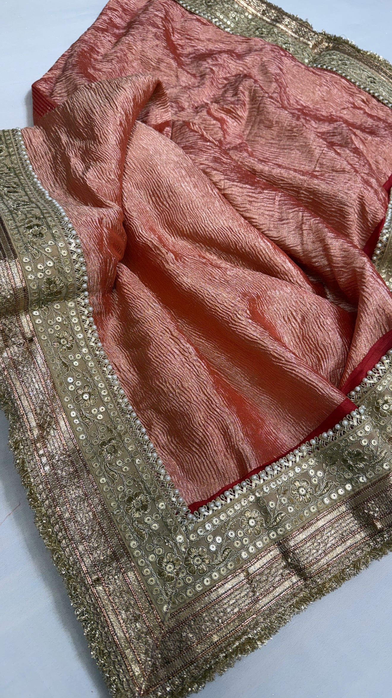 Moonga crushed tissue silk bridal red saree