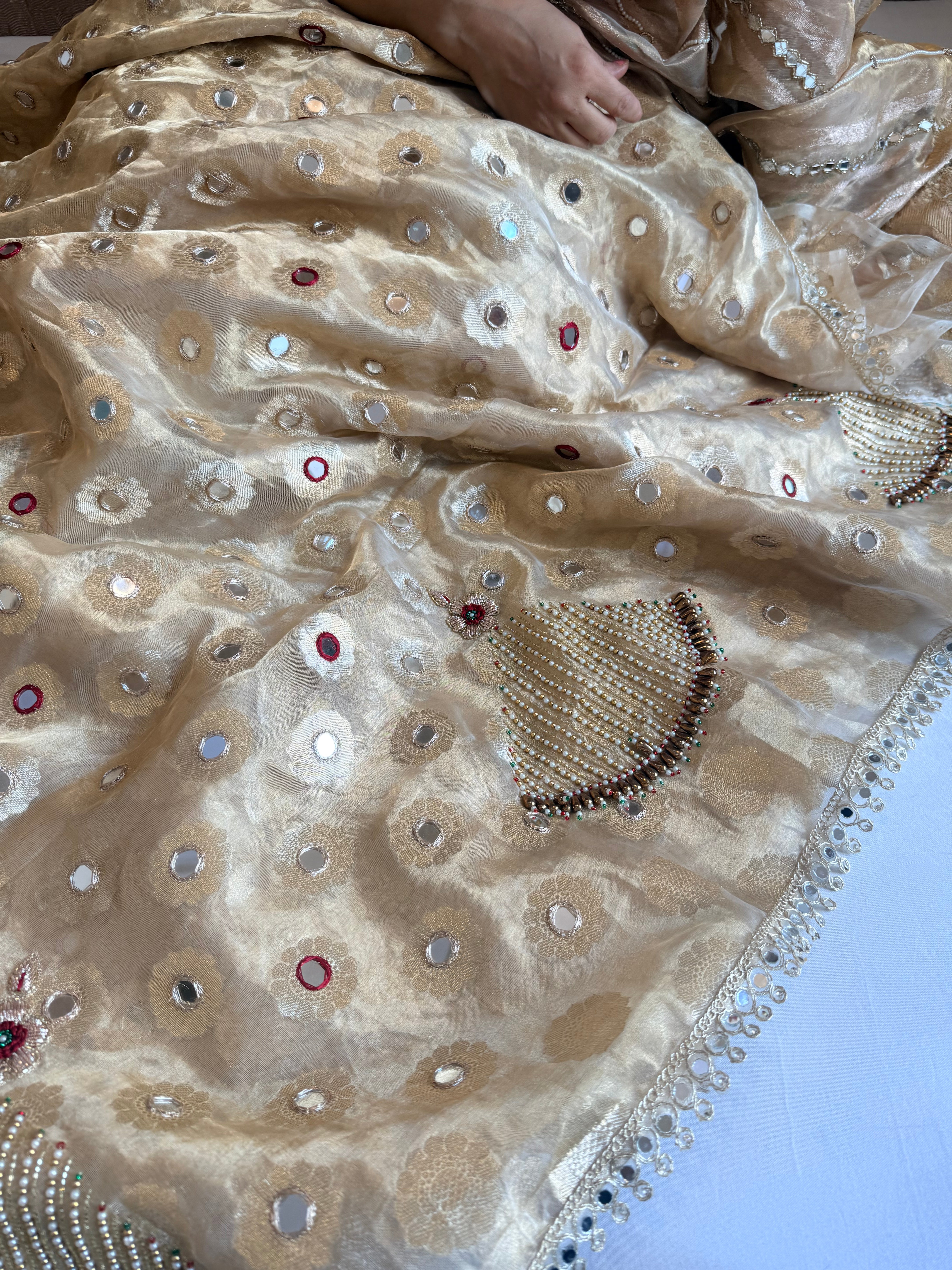 Butter gold tissue silk hand embroidered mirror work kadhwa saree