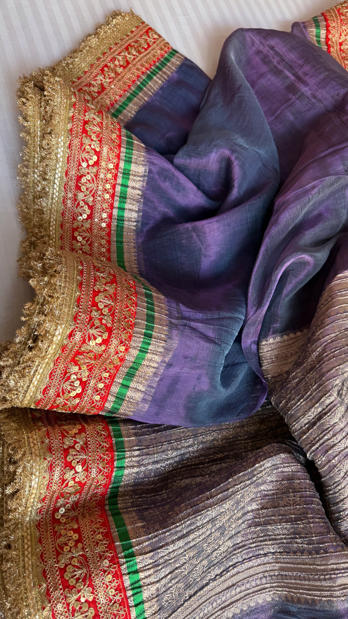 Midnight blueish-purple dhup chao effect pleated maharani tissue silk saree