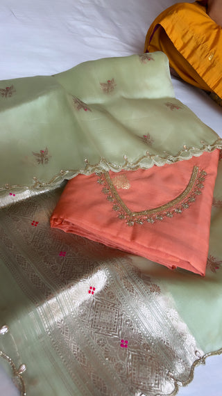 Coral orange-green kadhwa hand embroidered suit set from vyaah wala ghar edit