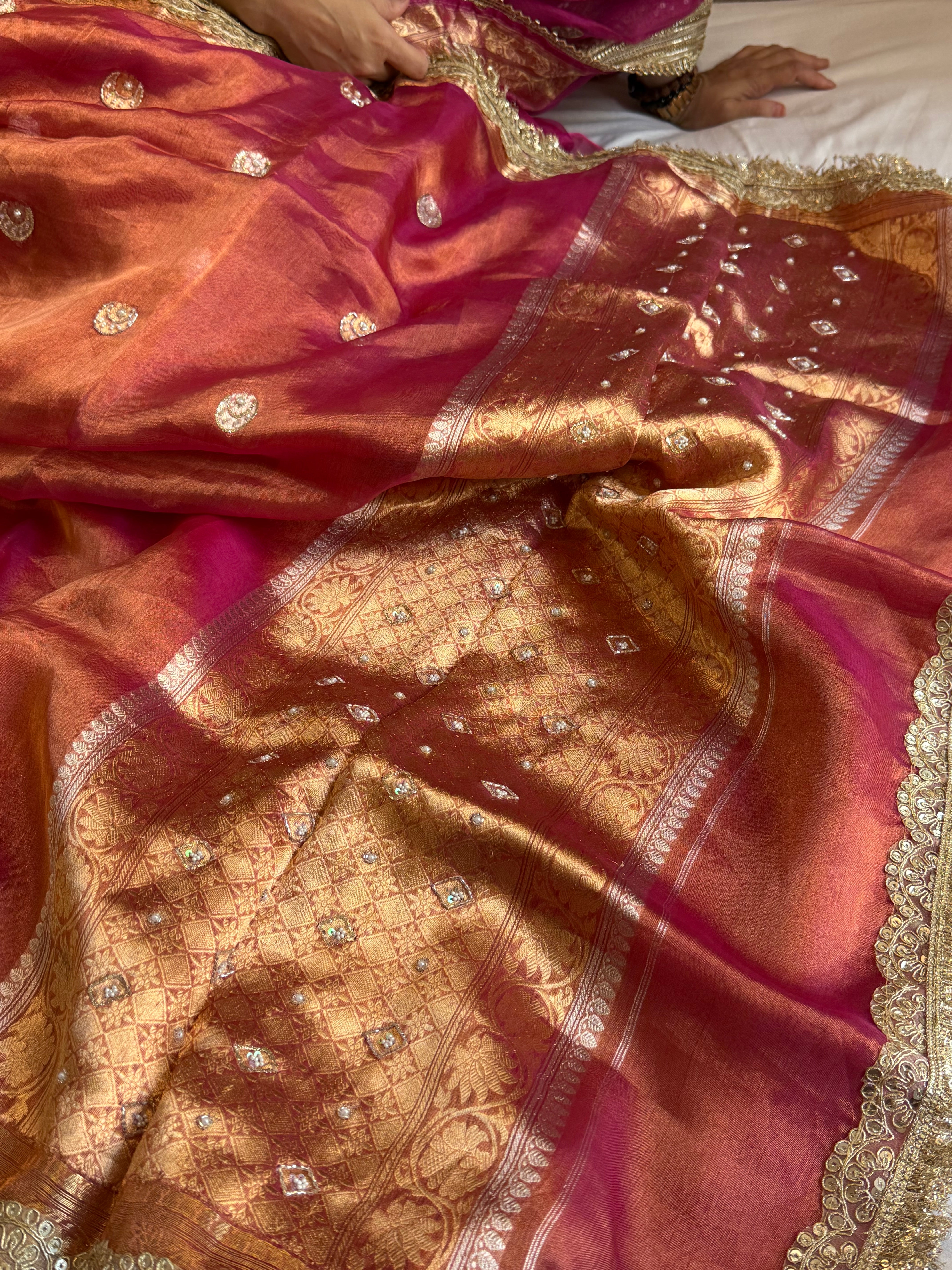 Chand tara rani pink dhup chao effect tissue silk hand embroidered saree