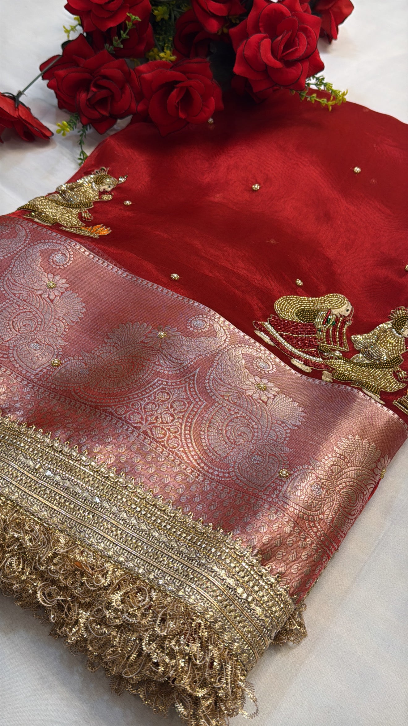 Dulhan ka joda husn red tissue silk hand embroidered saree