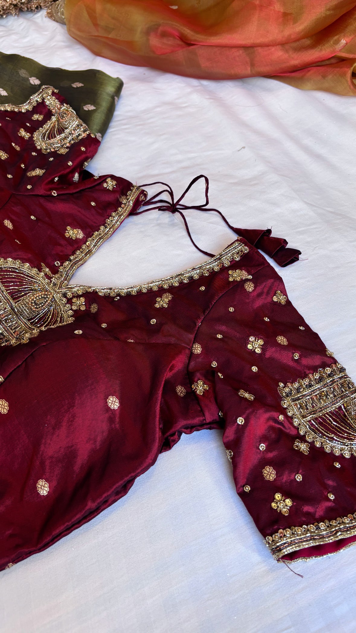 Sitara maroon hand embroidered katan silk blouse piece                     SIZE- 36 to 38