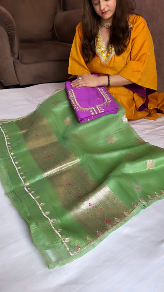 Purple-green hand embroidered kadhwa suit set from vyaah wala ghar edit