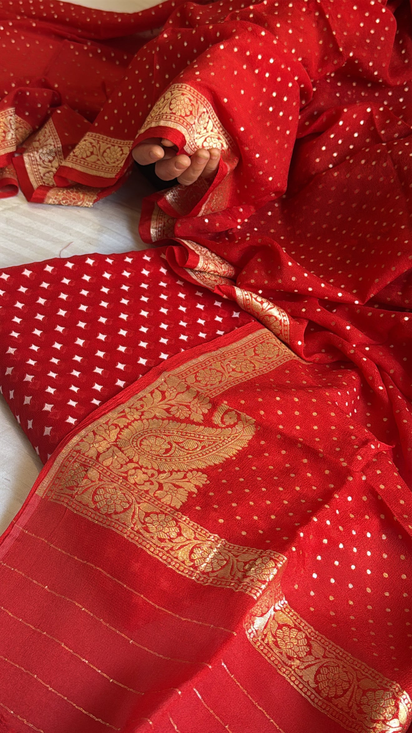 Vivah edit - Red chiffon gorgette chunri buti kadhwa banarasi suit set