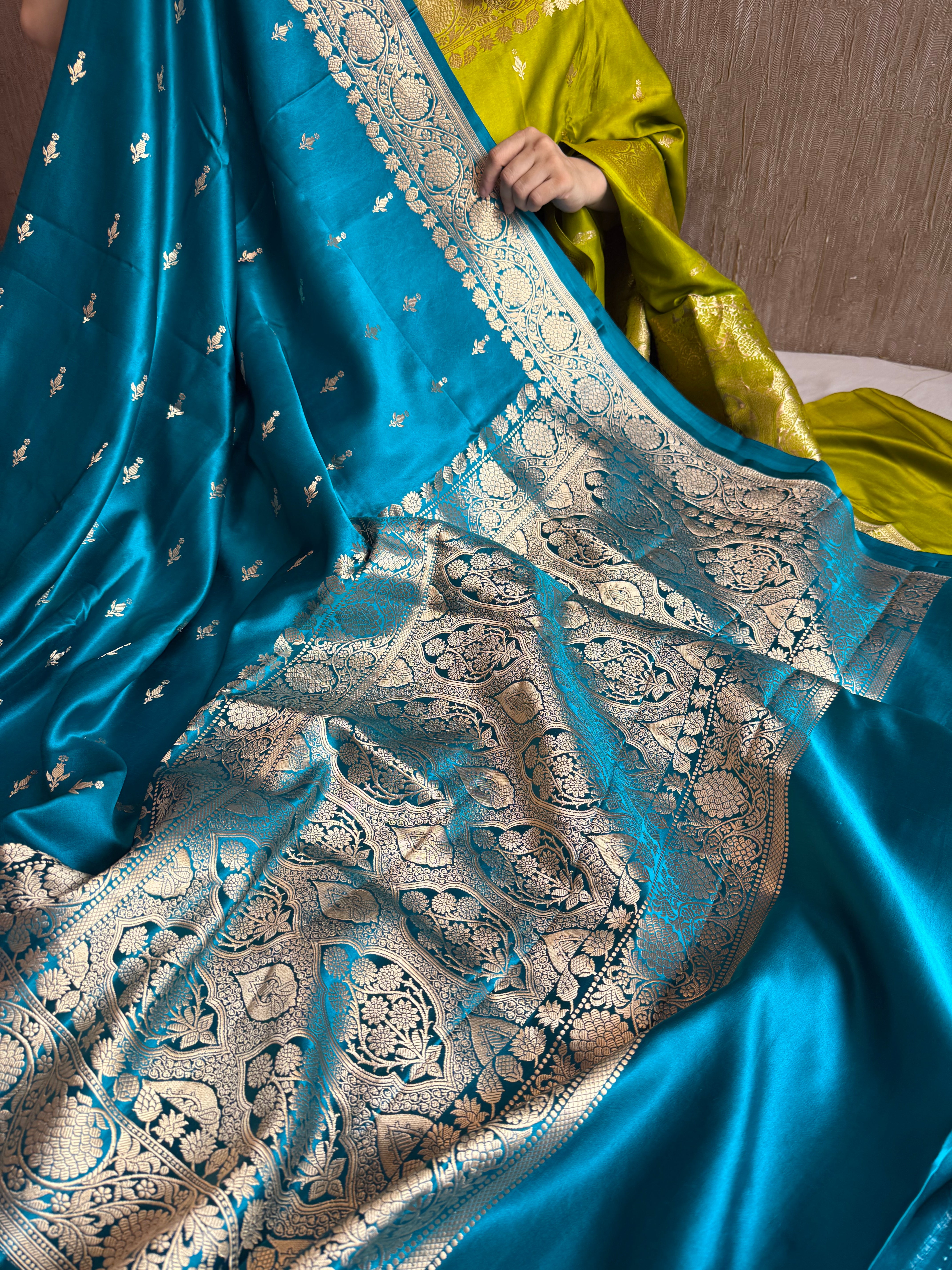 Teal shade banarasi mashru silk kadhwa border saree