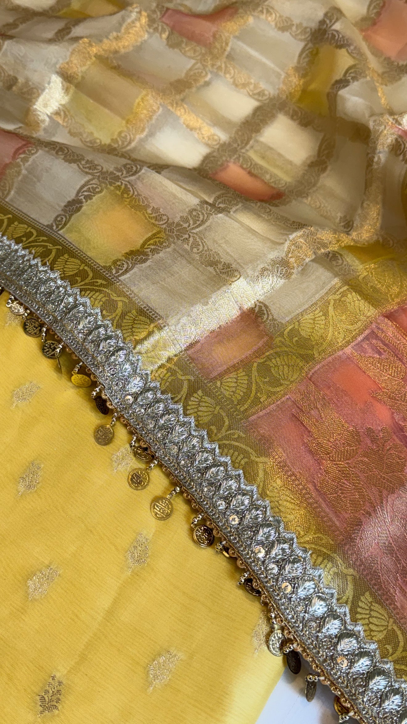 Shades of yellow - Kora silk rangkaat duppata paired with silk kurta