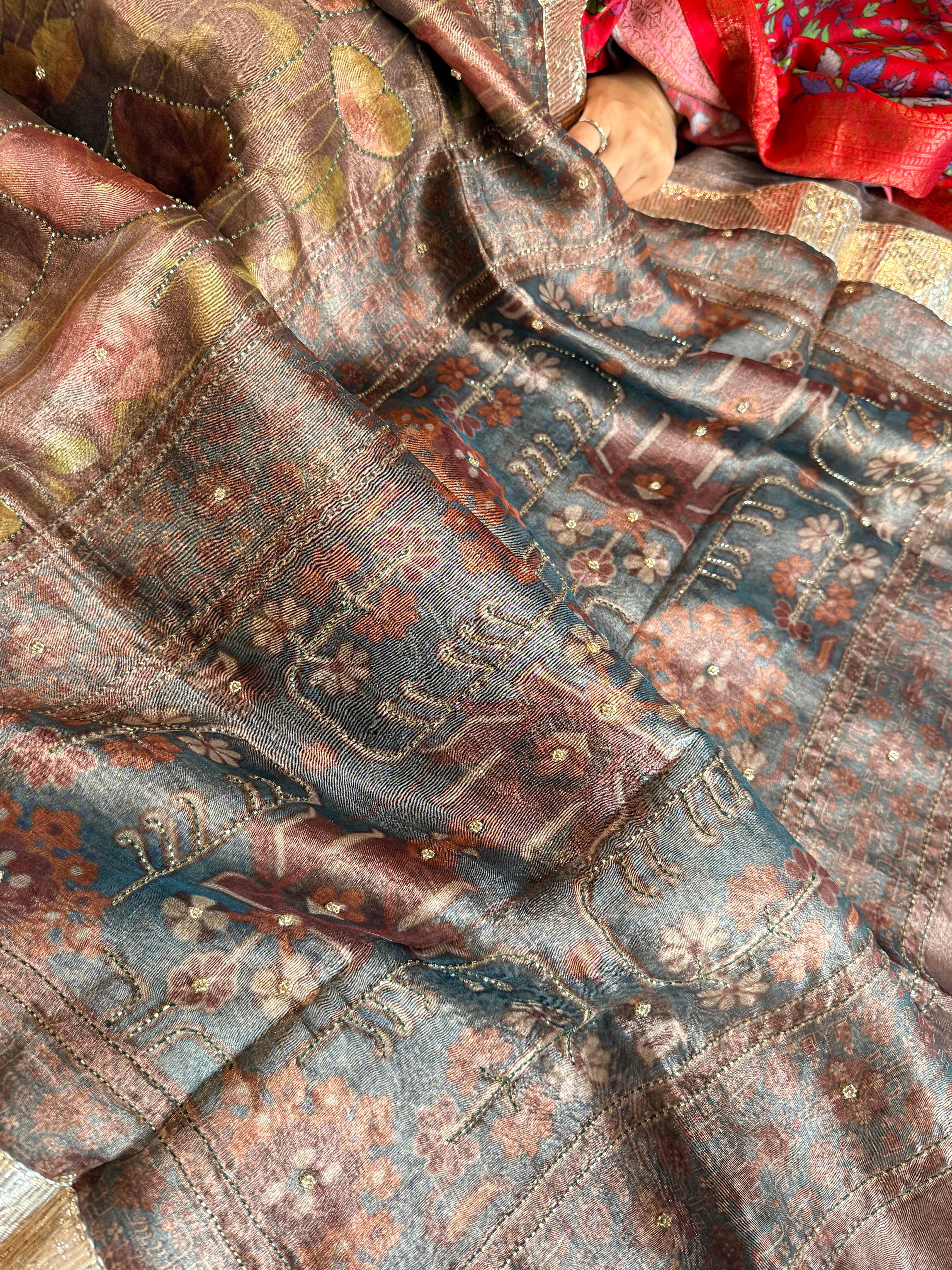 Printed tissue silk hand embroidered kadhwa gotapatti saree