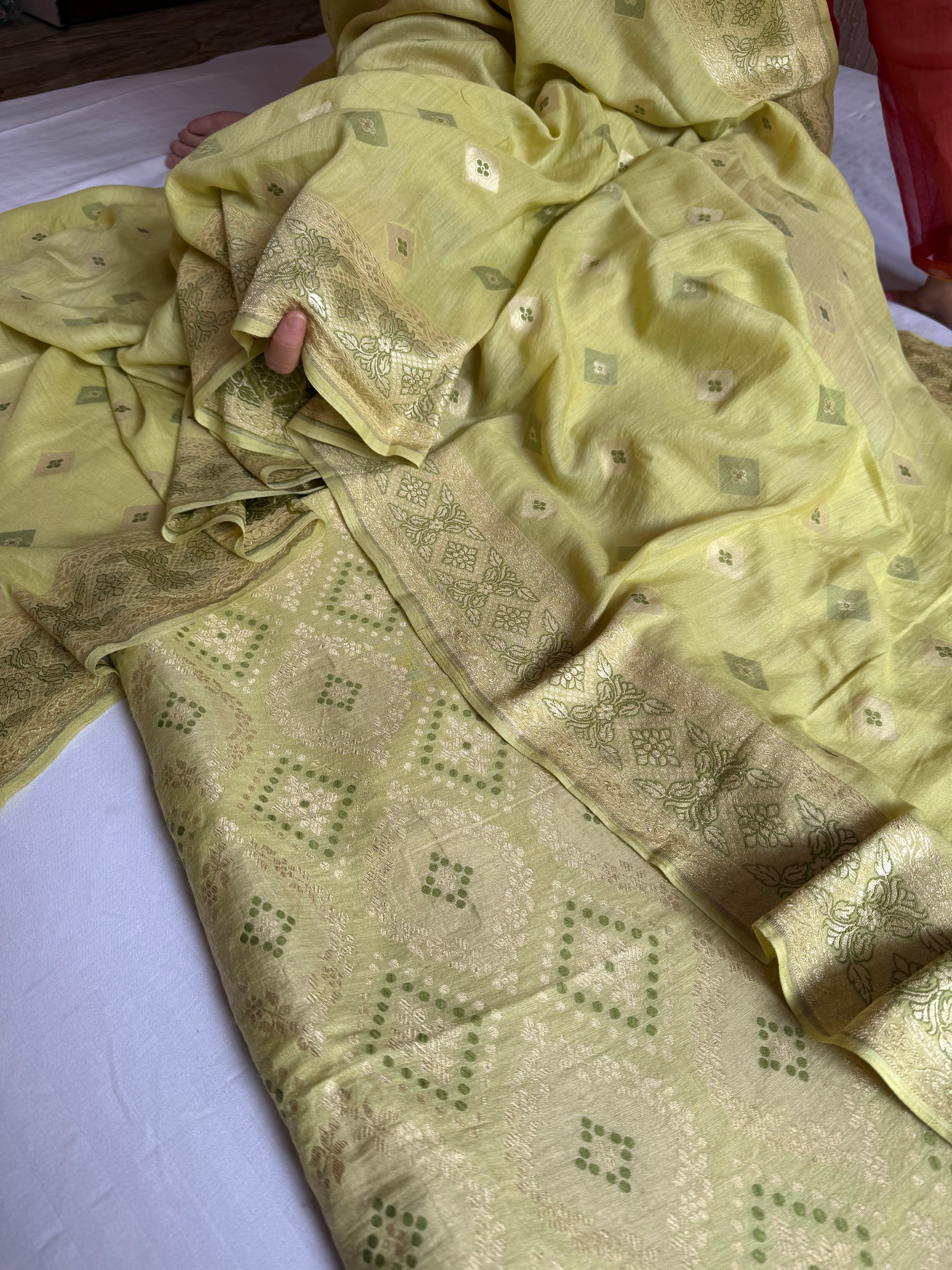 Lime green moonga silk bandhej weaving kadhwa suit set