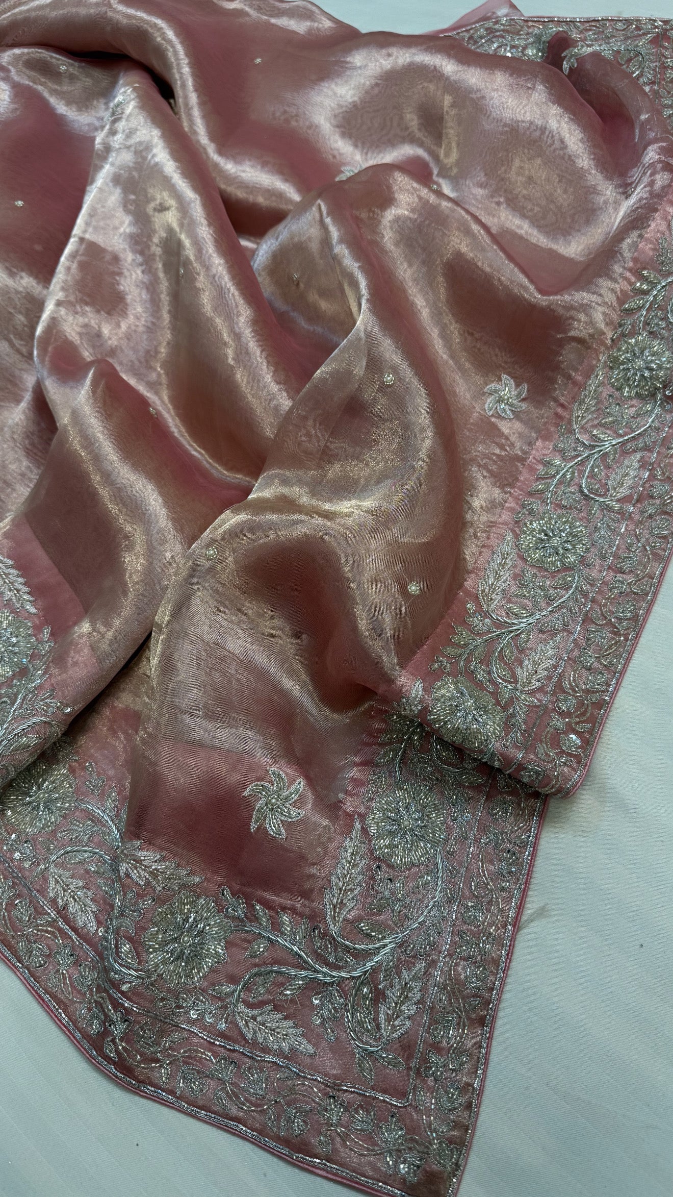 Gulab ki pankhuri husn tissue silk heavy zardozi border hand embroidered saree