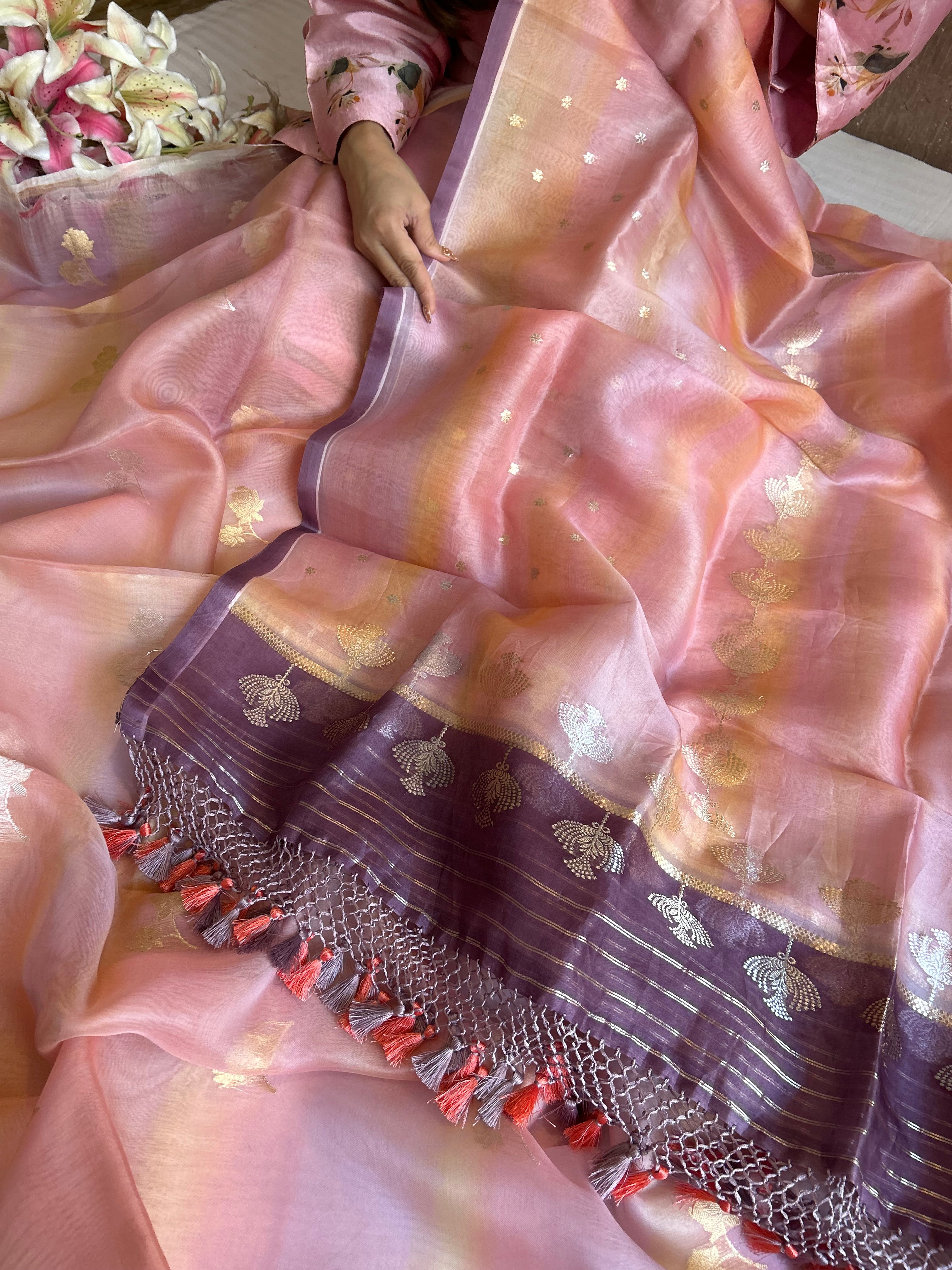 Rainbow dye banarasi kora silk kadhwa buti suit sets
