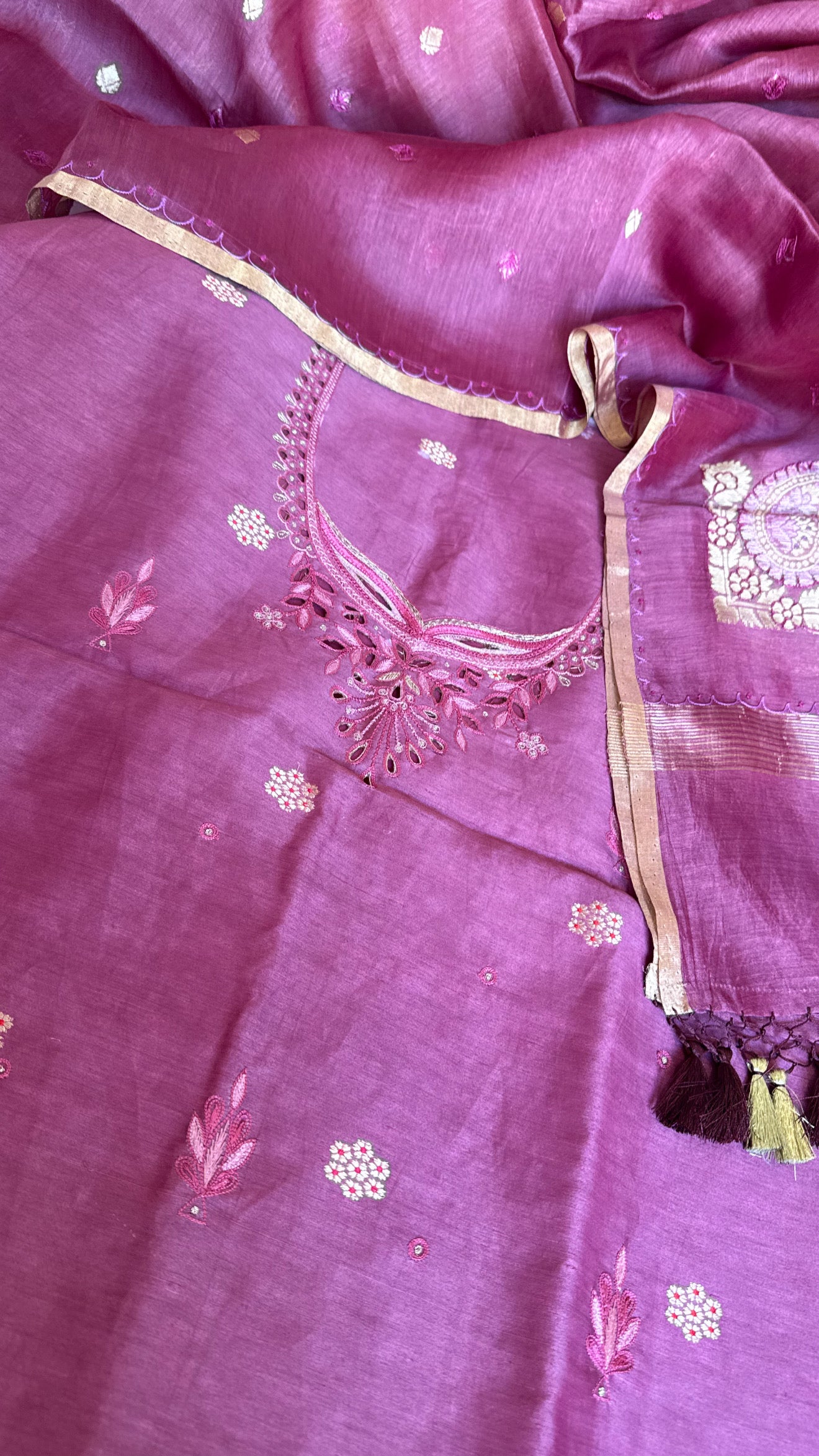 Bright lavender resham thread hand embroidered linen gorgette suit set