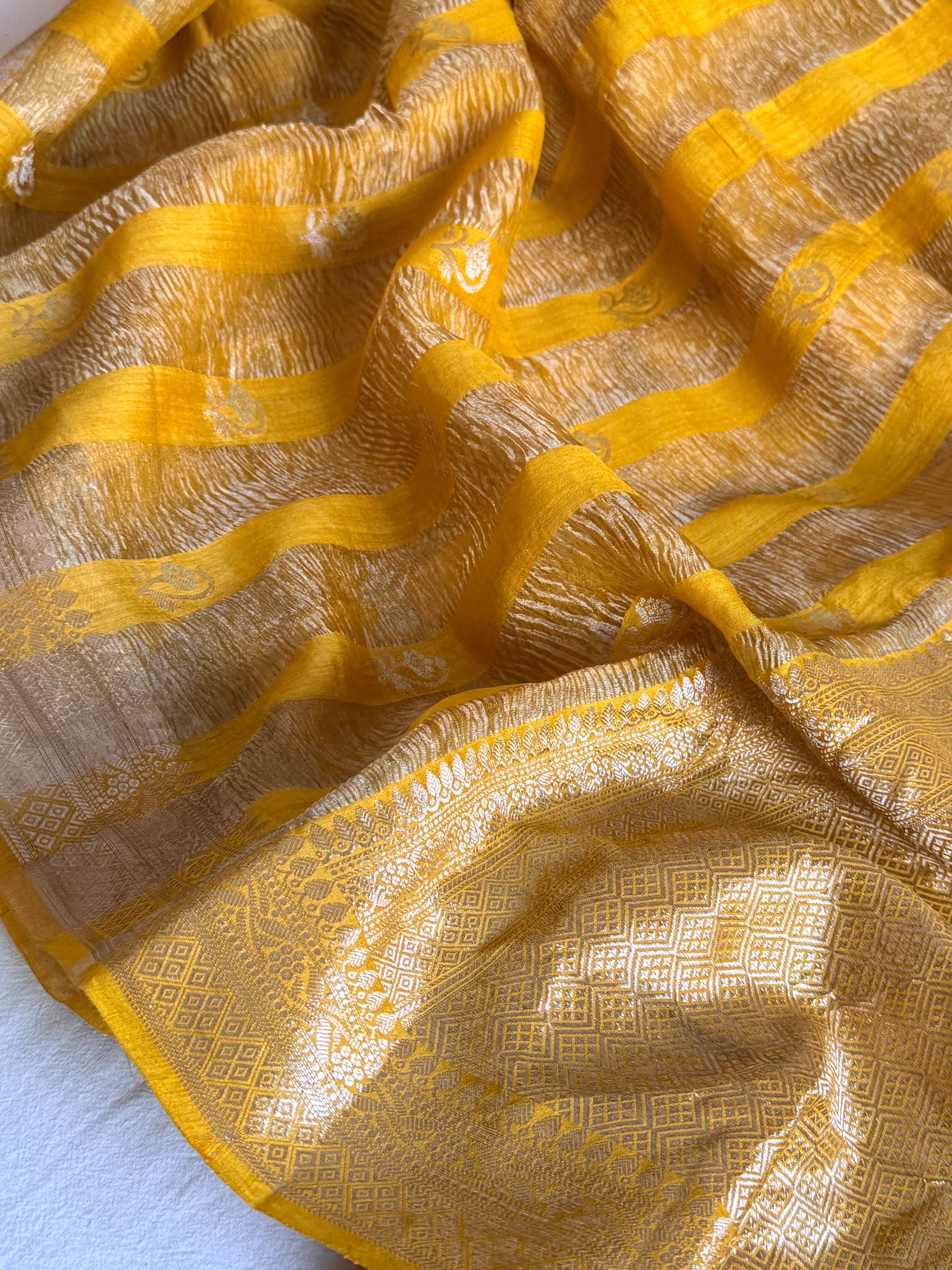 Below 10k - Crushed raw mango silk and tissue silk kadhwa border saree