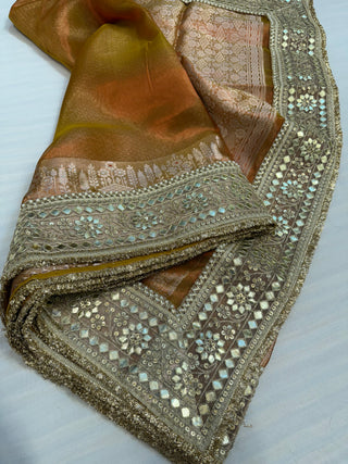 Sunset orange maharani tissue silk kadhwa saree