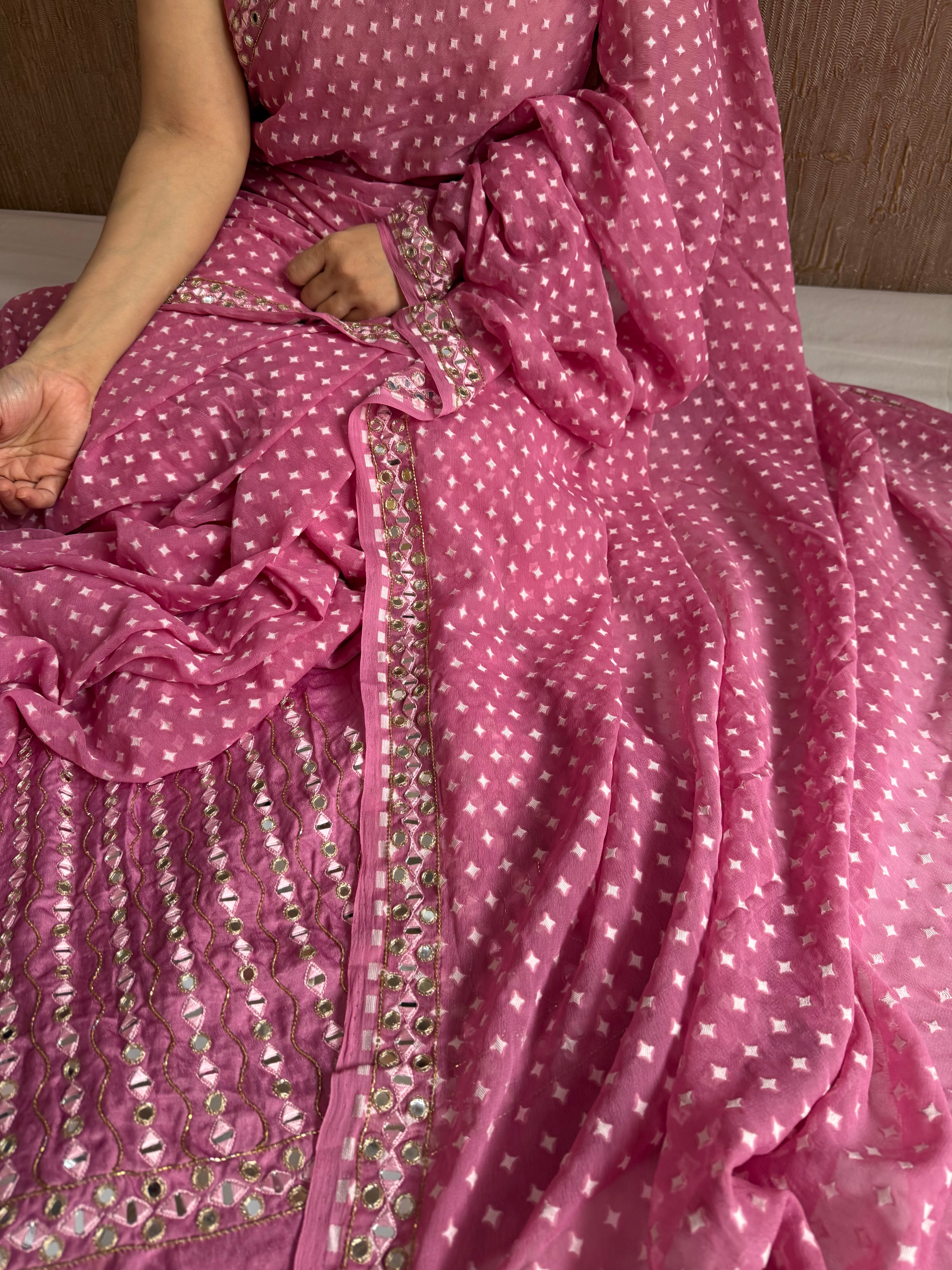 Strawberry pink gorgette bandhej pattern kadhwa saree