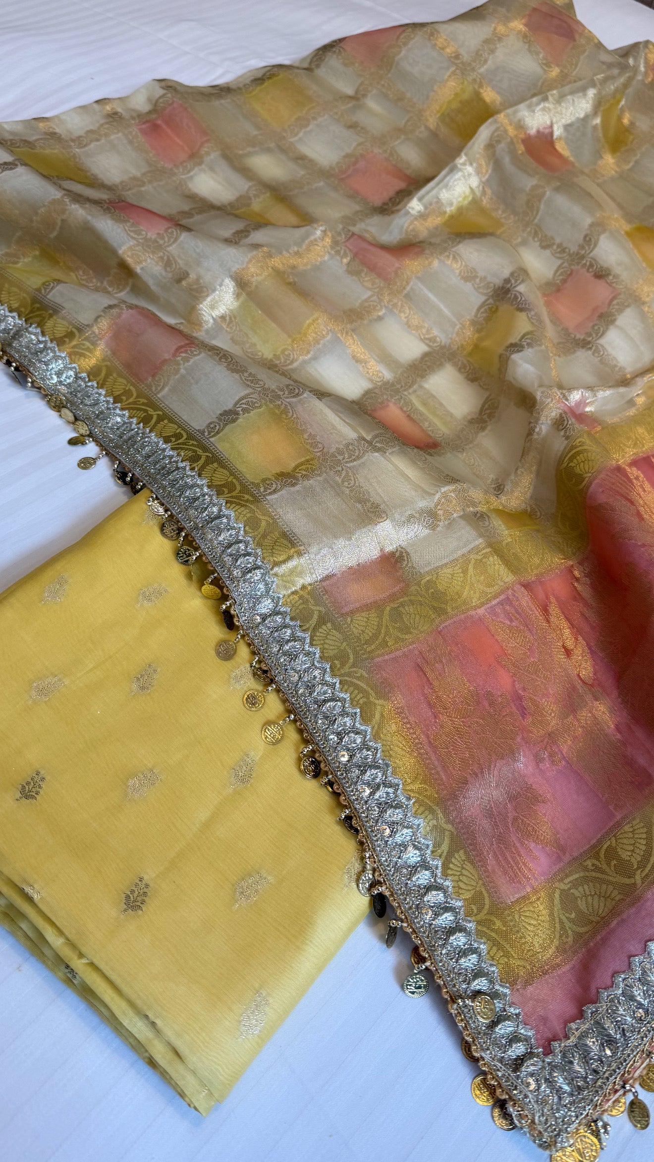 Shades of yellow - Kora silk rangkaat duppata paired with silk kurta