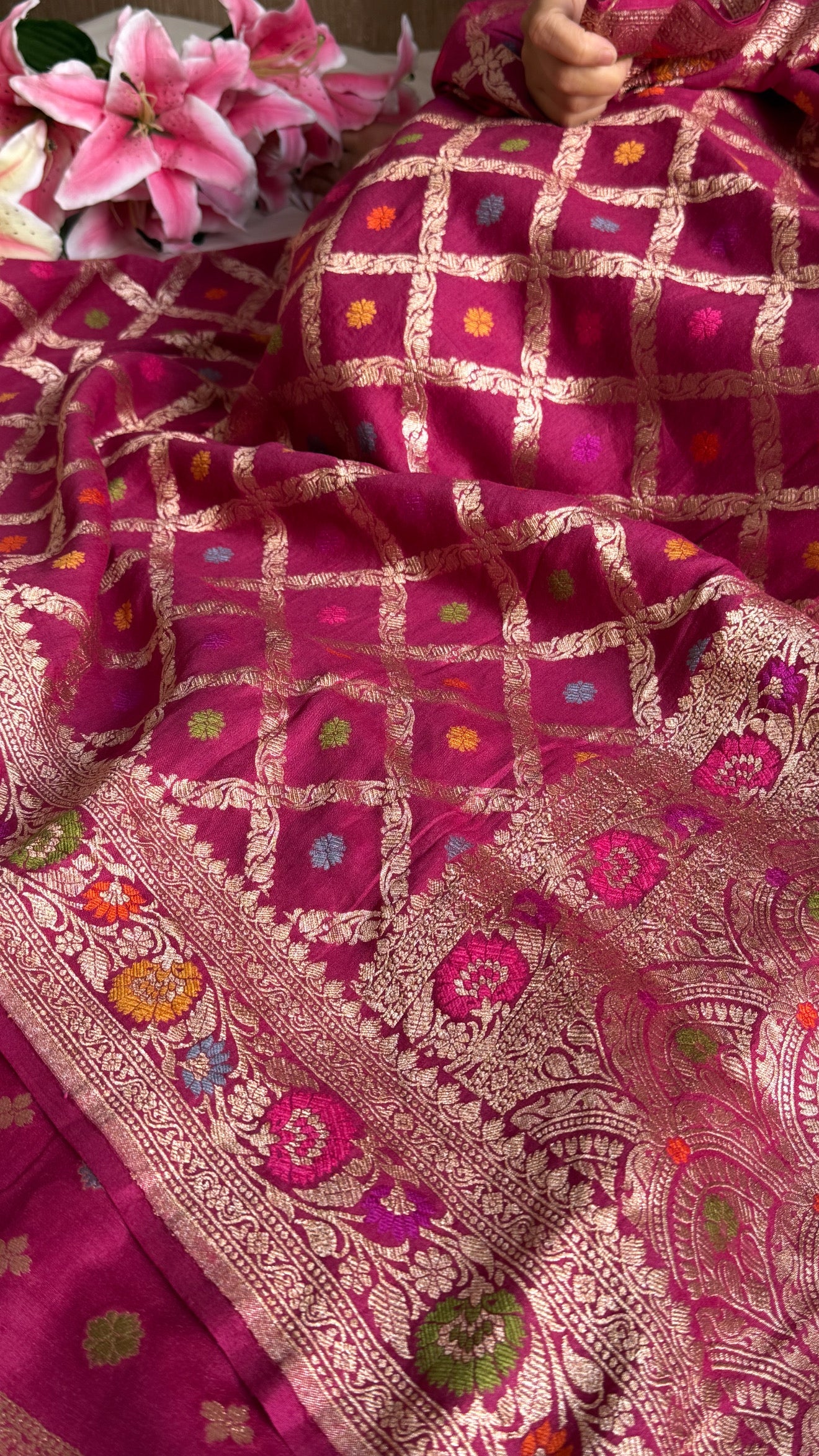 Moonga silk cranberry shade chaukadi duppata with meenakari kadhwa weaving