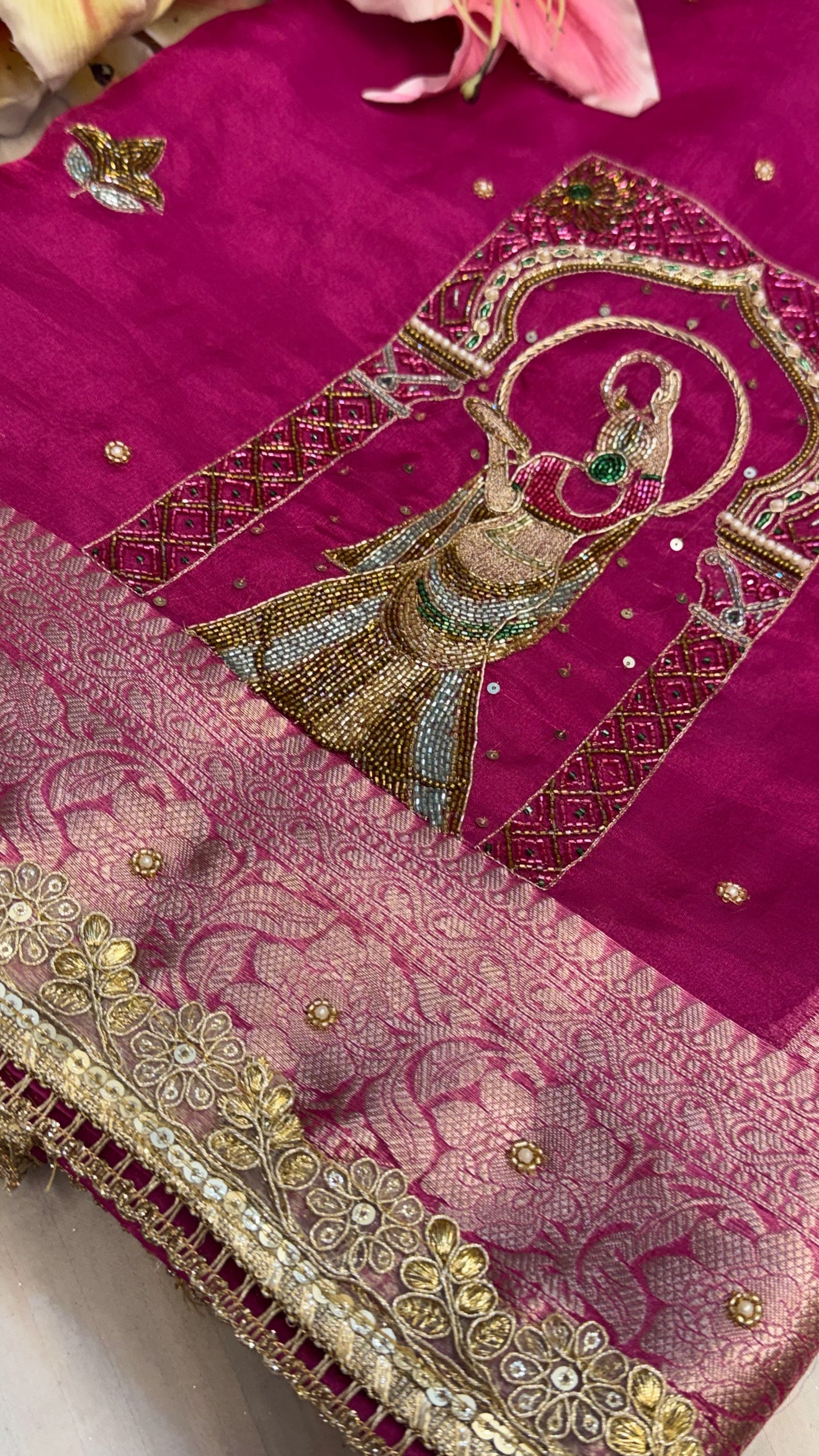 Karwachauth special - Hot metallic pink tissue silk hand embroidered kadhwa saree