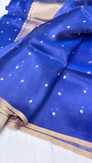 Pure banarasi electric blue tissue silk handwoven kadhwa buti saree with kadhwa intricate border buti weaving