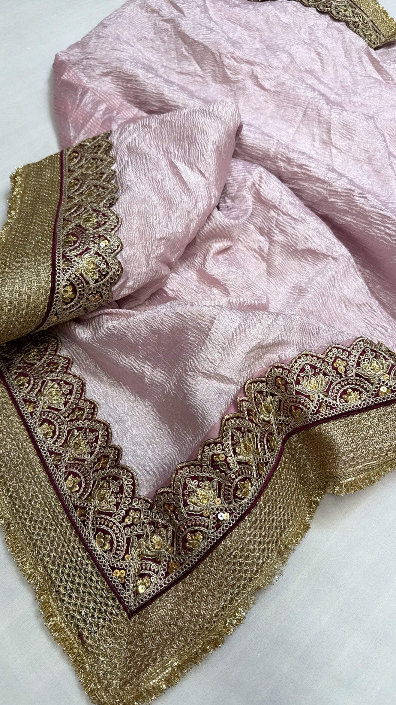 Moonga crushed tissue silk blush pink saree