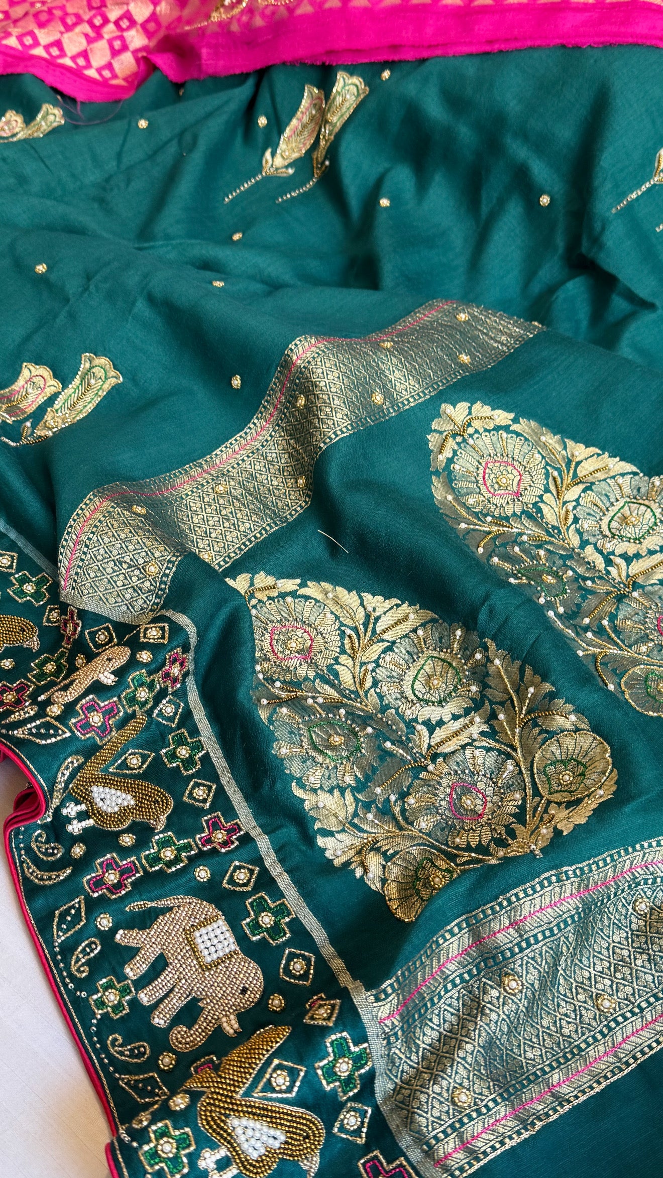 Moonga silk ikkat patola weaving inspired hand embroidered kadhwa saree