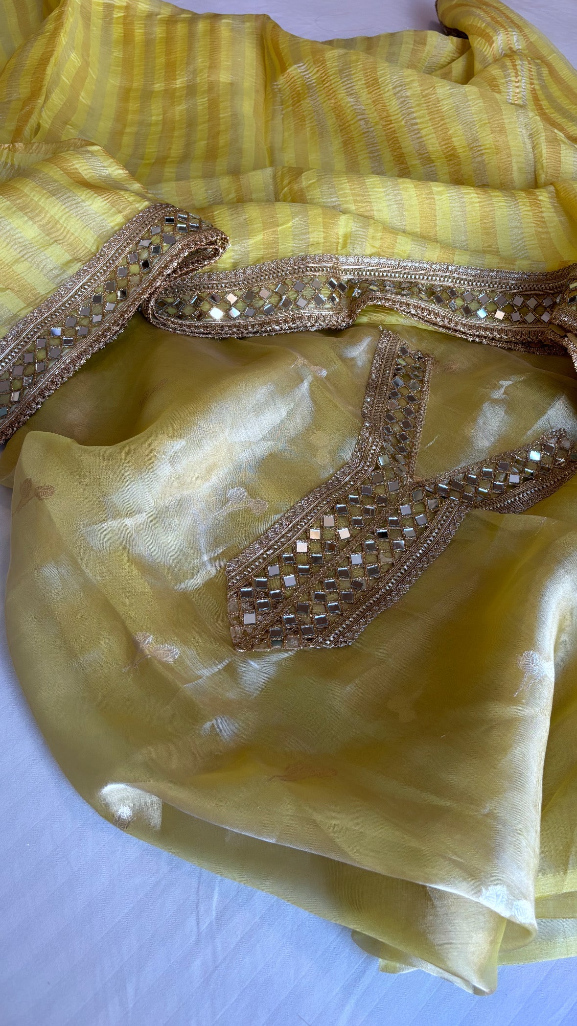 Lime green husn tissue silk mirror work suit set