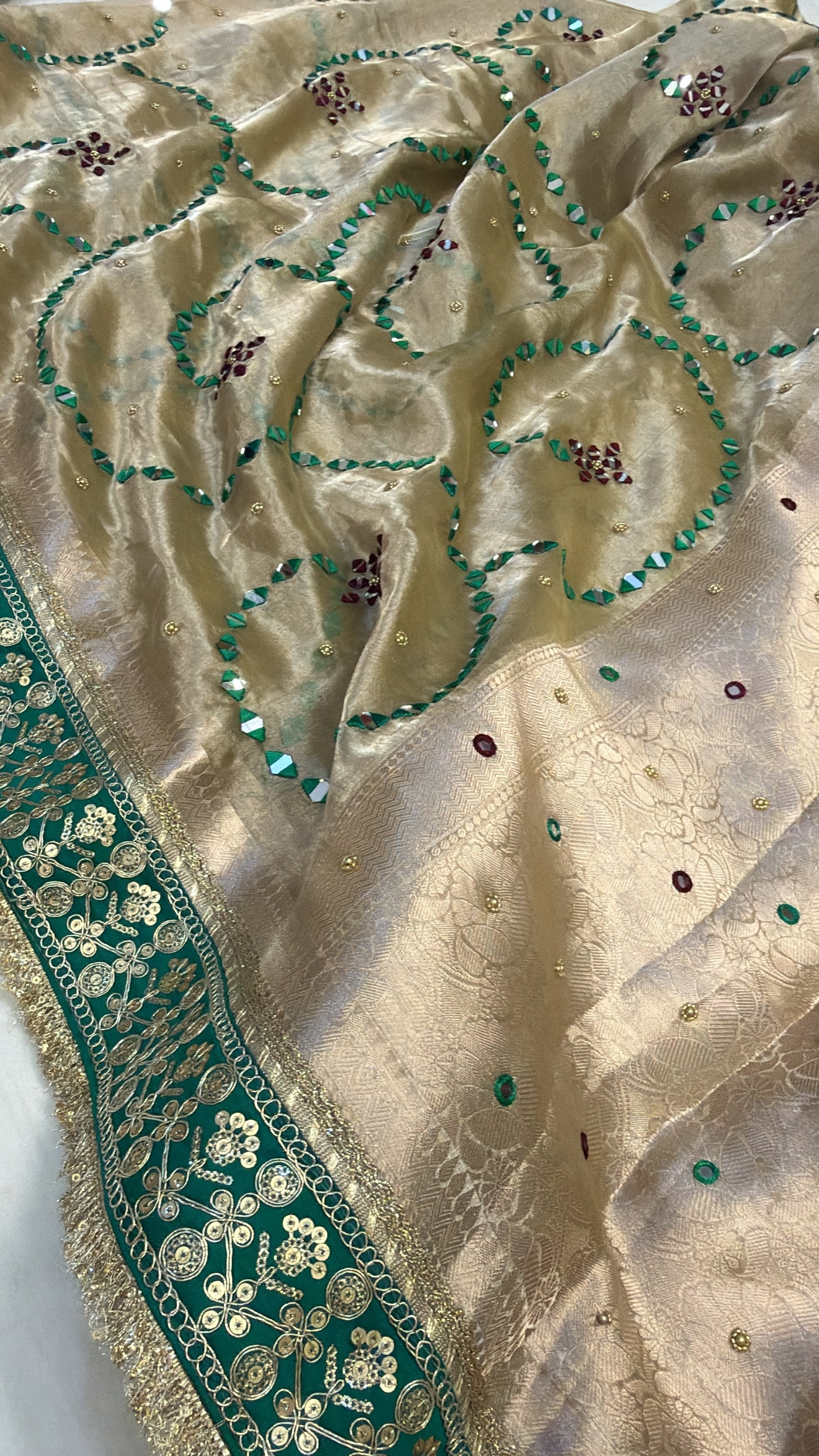 Champagne gold with green mirror work husn tissue silk hand embroidered kadhwa saree