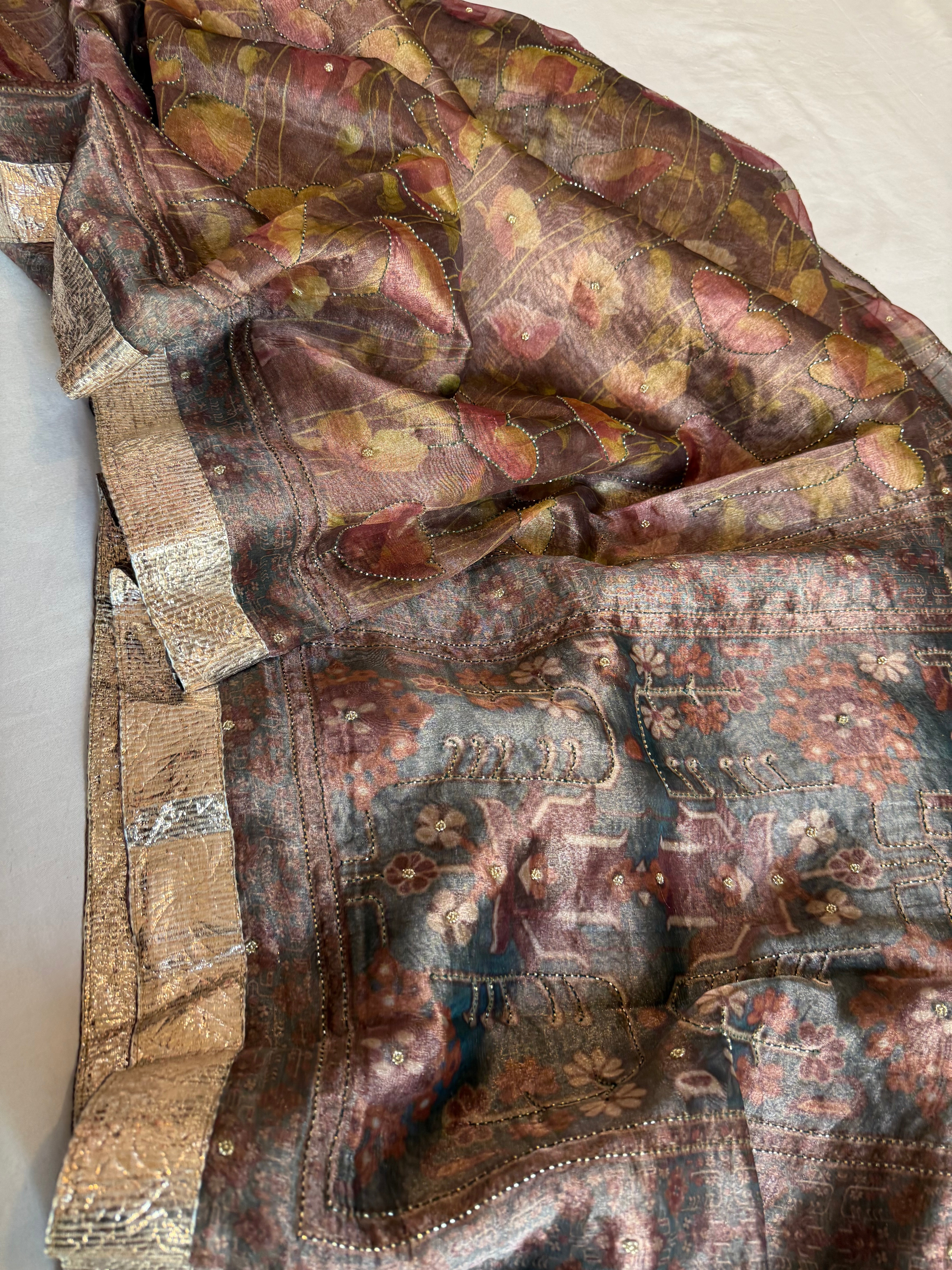 Printed tissue silk hand embroidered gotapatti kadhwa sarees