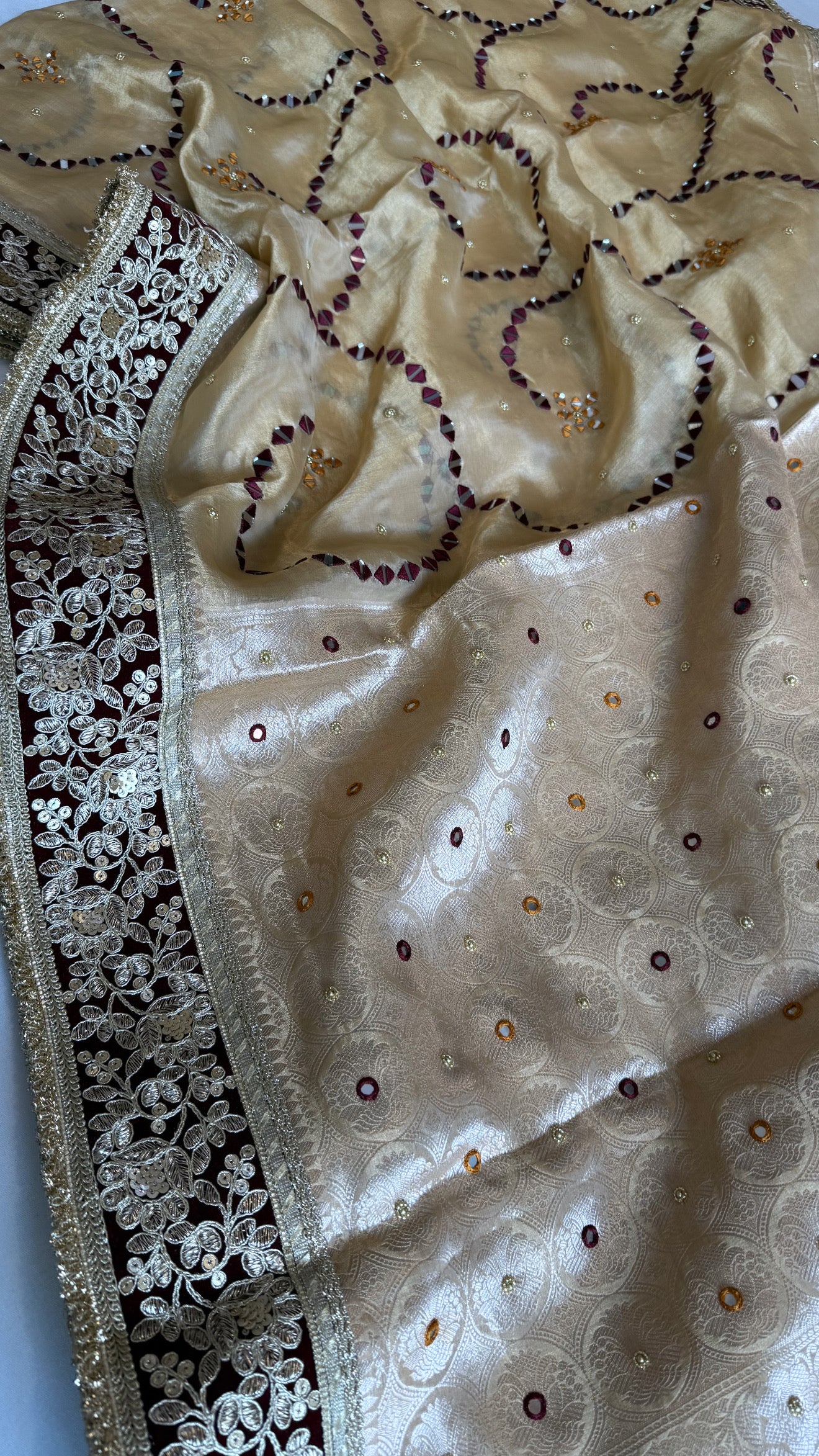 Sheesham edit - Heavy double tissue silk mirror work hand embroidered saree