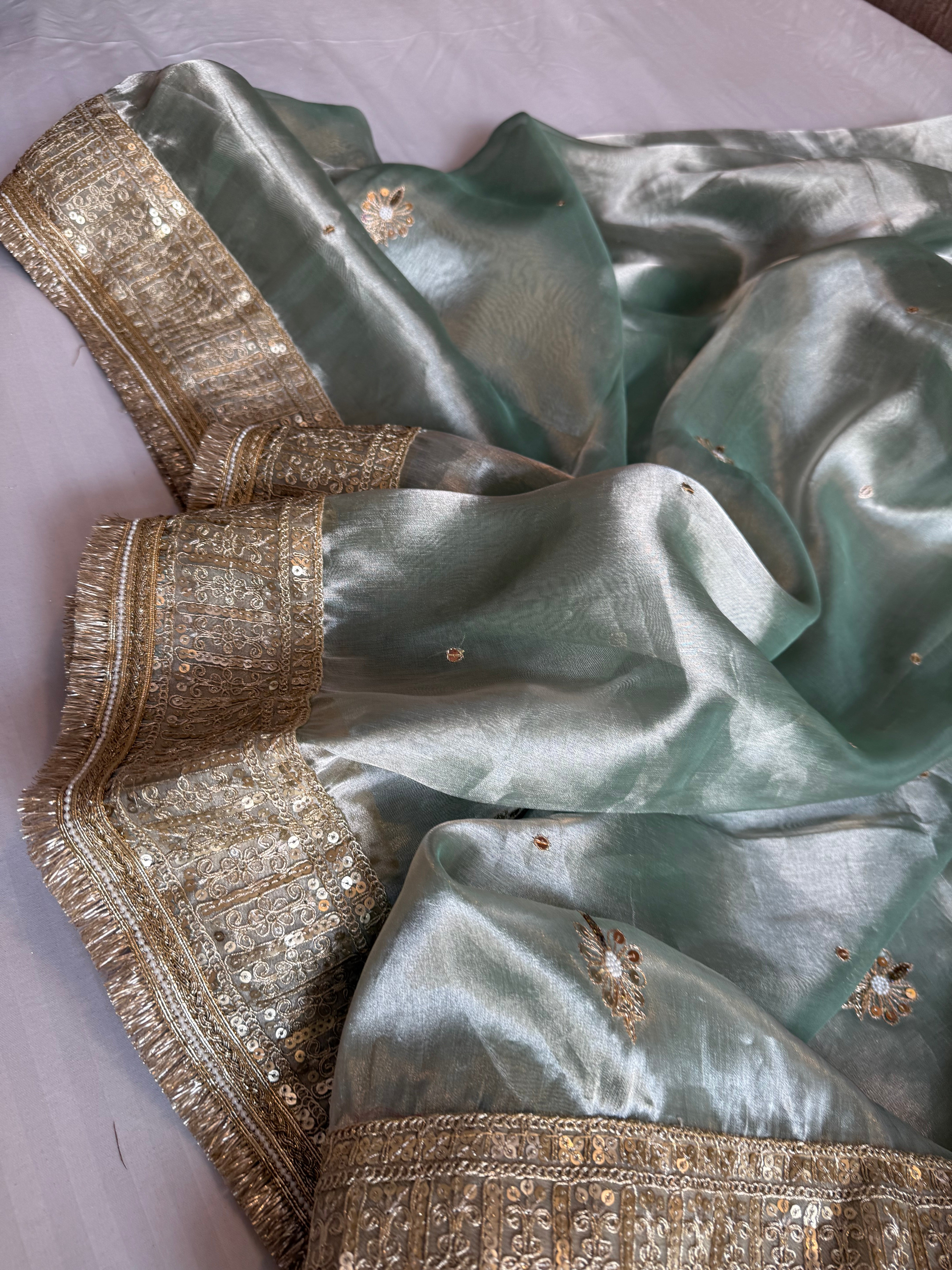 Hina khan inspired sage-green blush pink hand embroidered kadhwa tissue saree