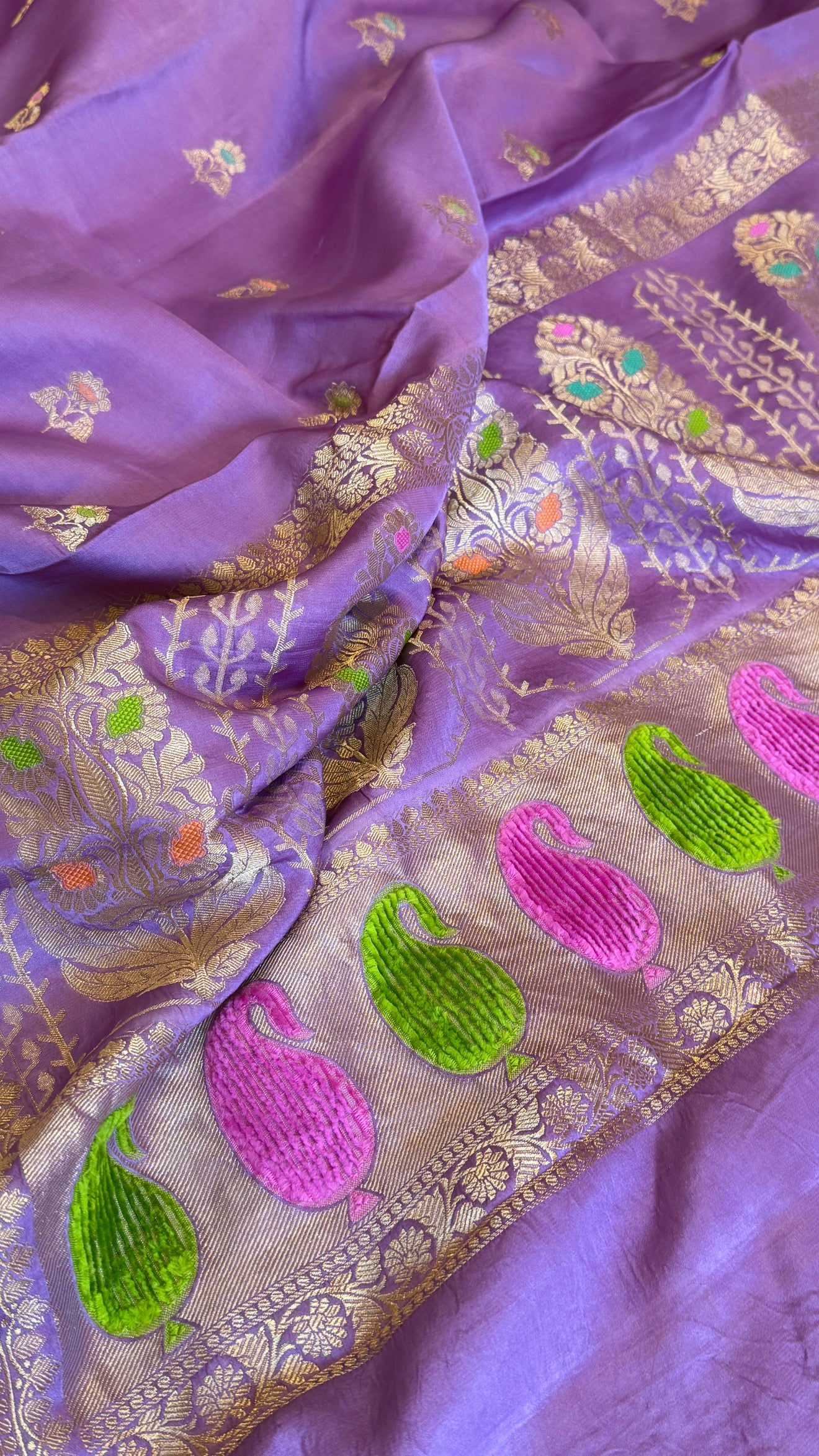 Soft lavender banarasi mashru silk velvet buti kadhwa weaving saree
