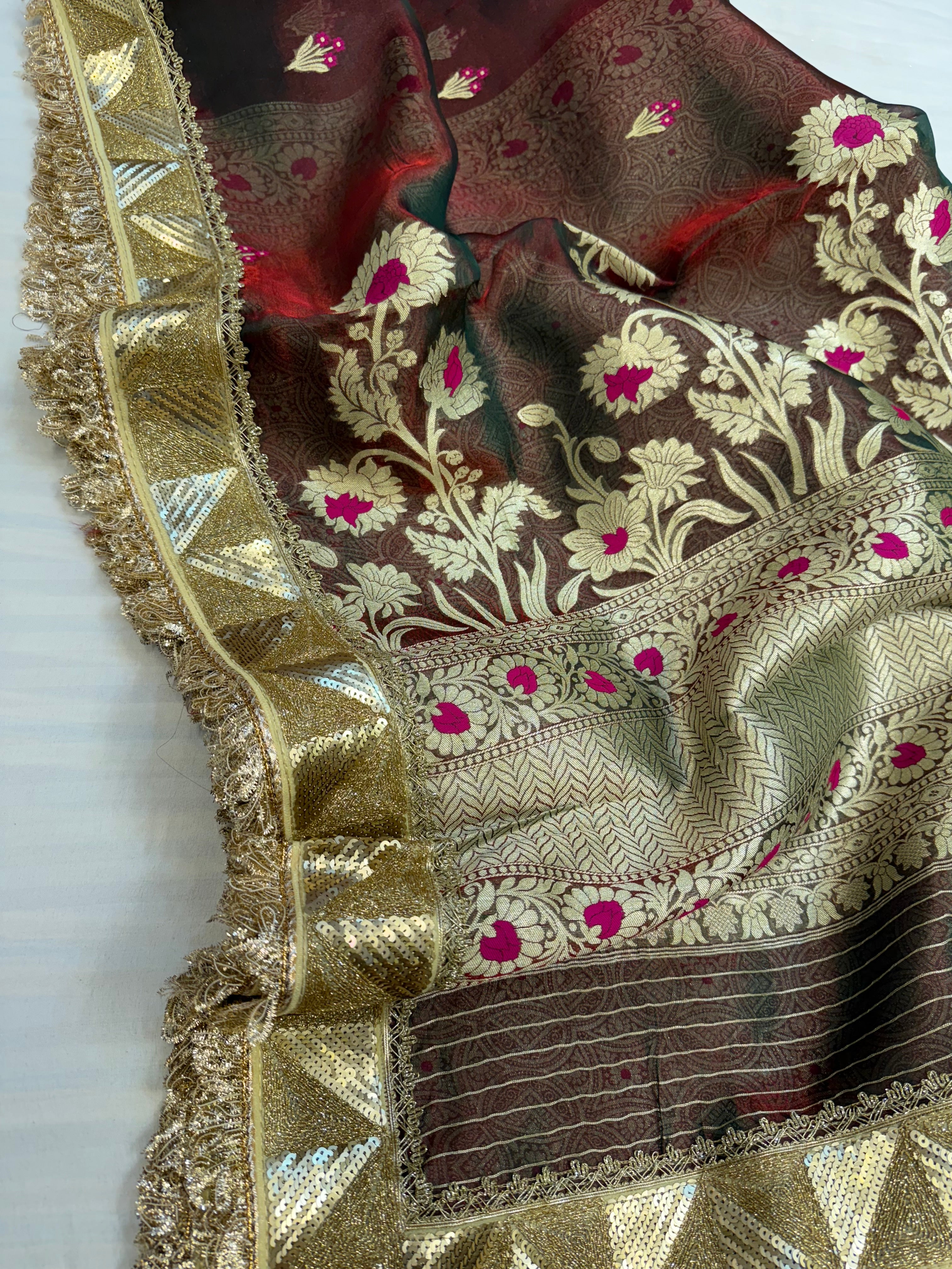 Midnight red maharani tissue silk kadhwa meenakari saree