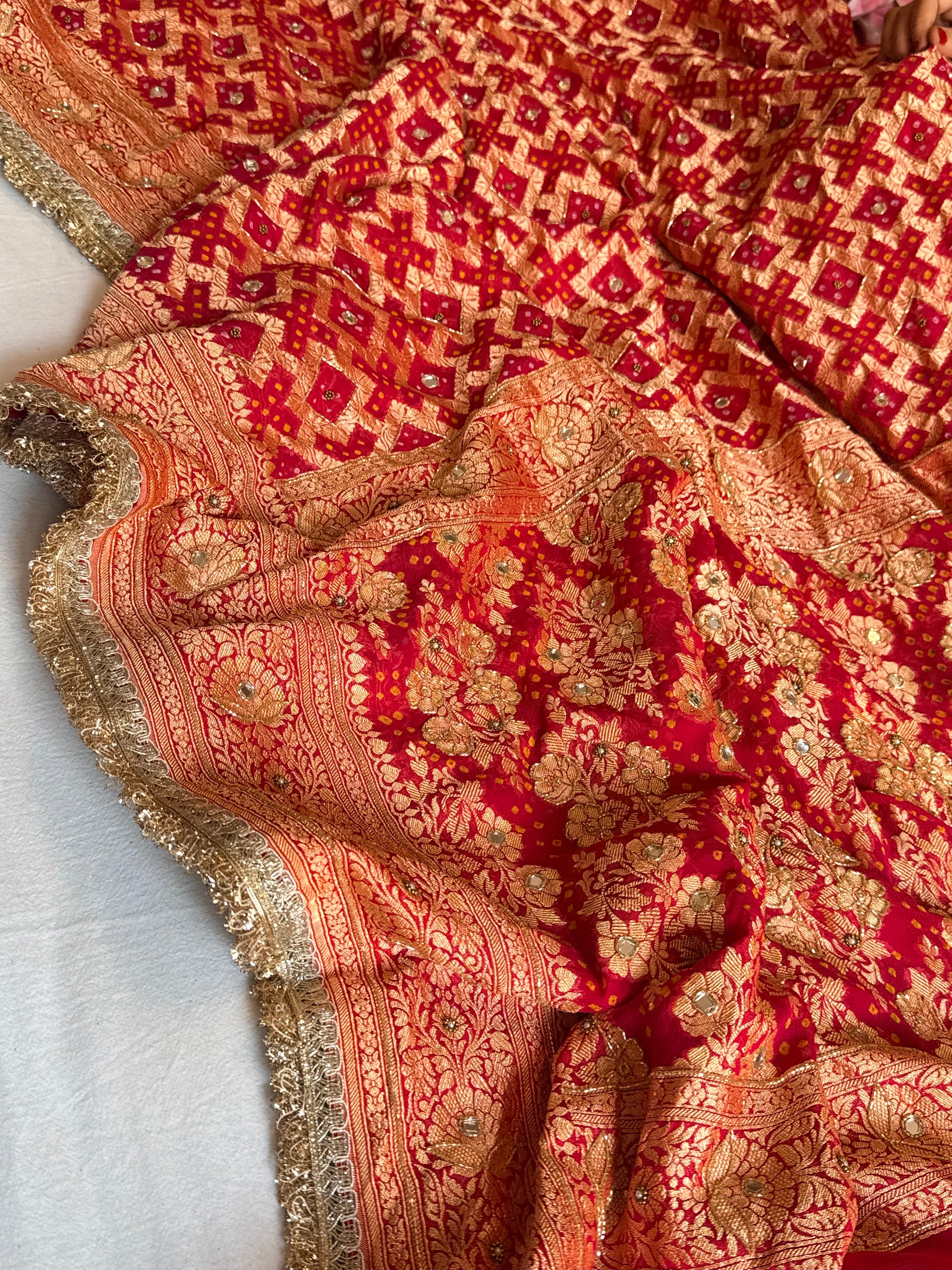Banarasi chiffon gorgette rai bandhej kadhwa weaving hand embroidered saree
