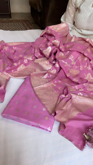 Baby pink moonga silk kadhwa jaal suit set