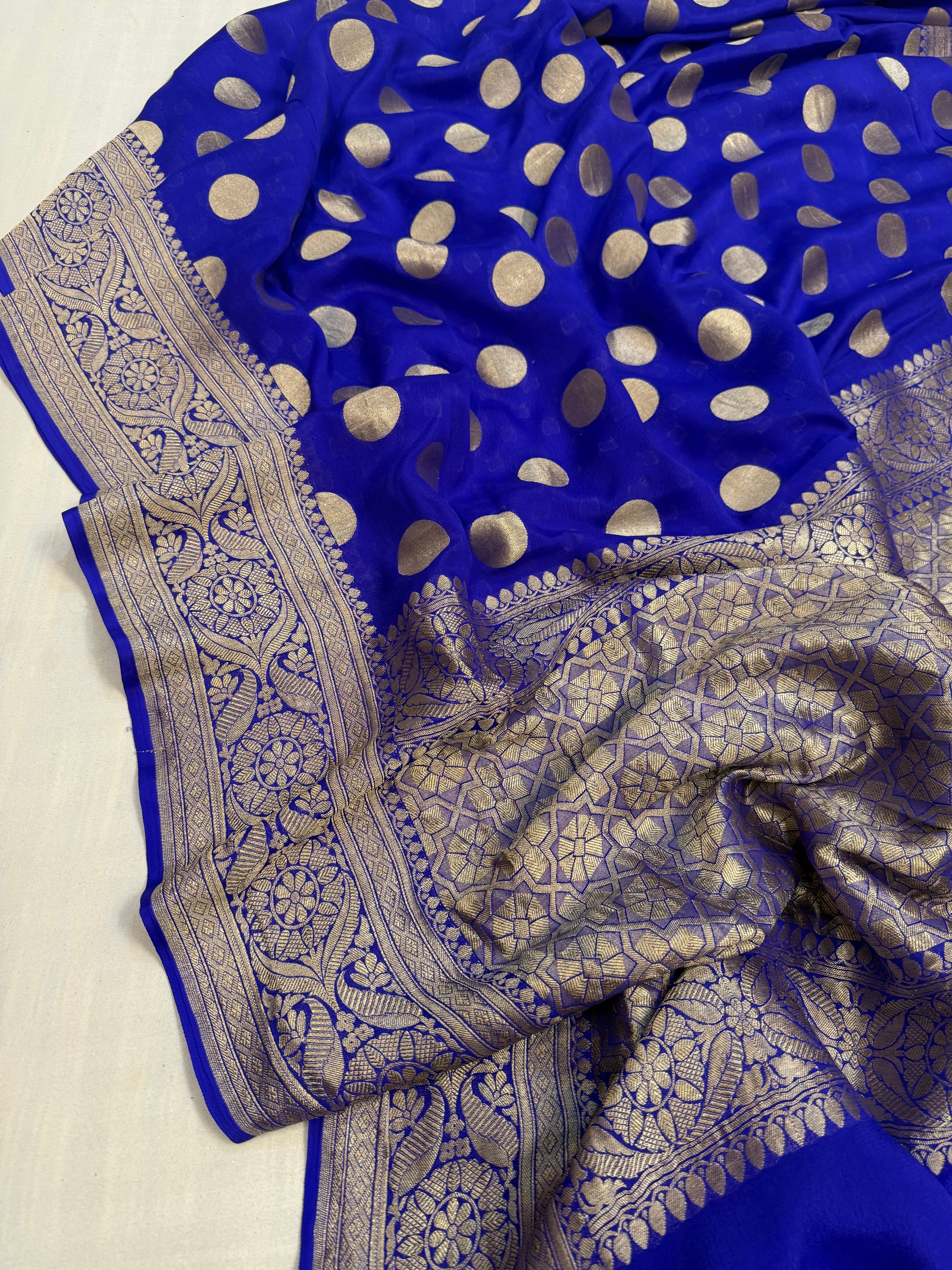 Ink blue banarasi gorgette round buti kadhwa saree