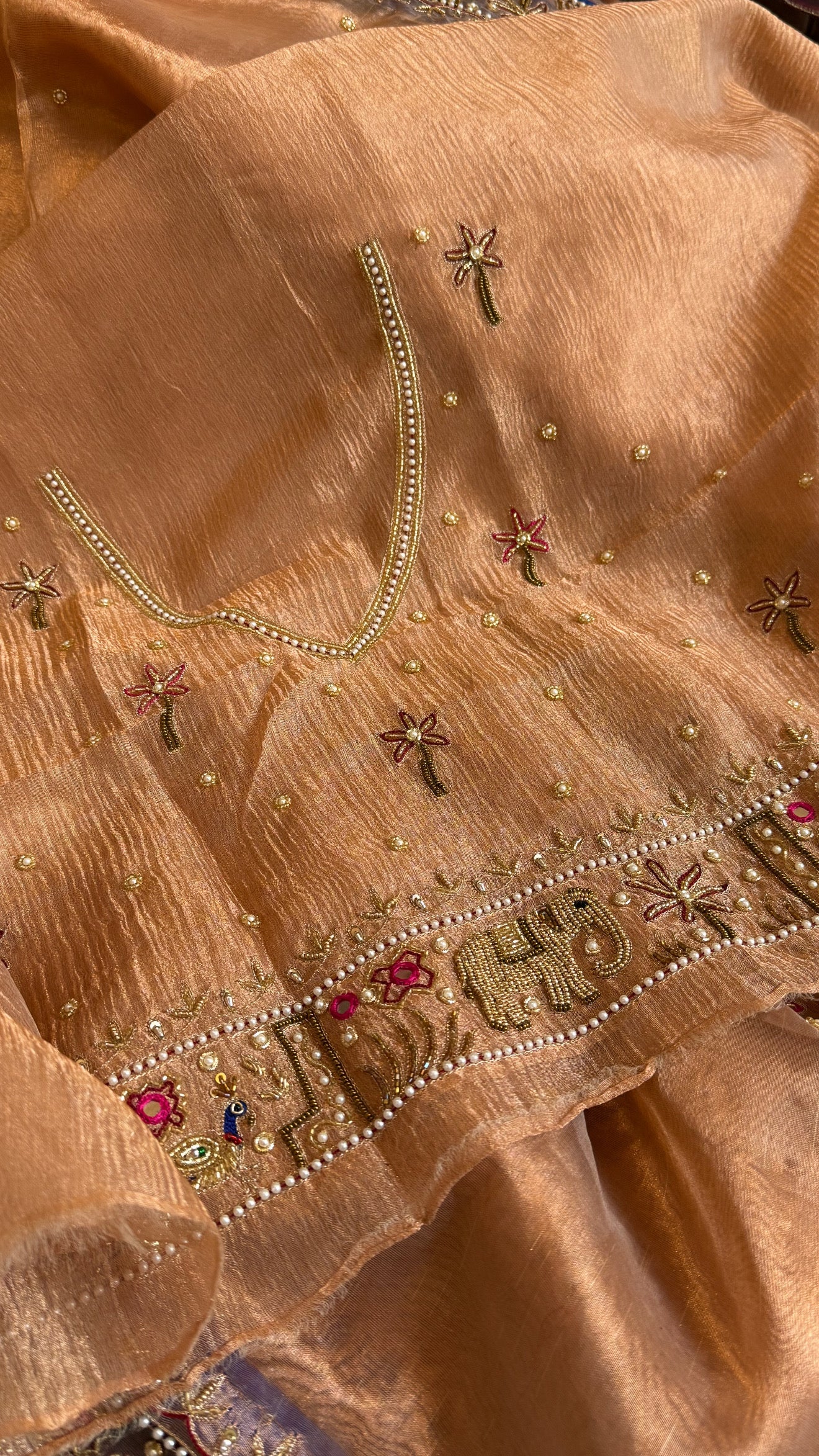 Sheeshmahal shikargah edit - Rose gold tissue silk hand embroidered elephant motif border kadhwa saree
