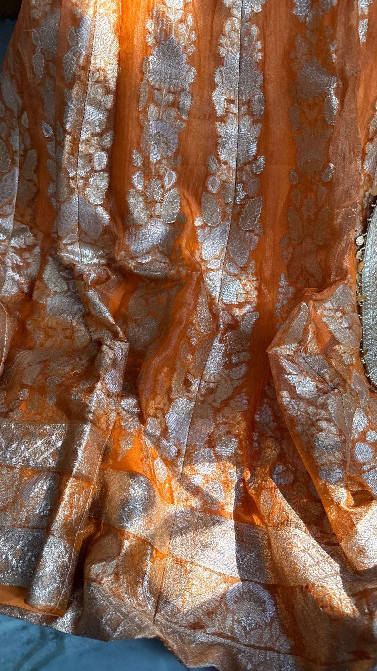 Fanta orange tissue silk kali wala lehenga set