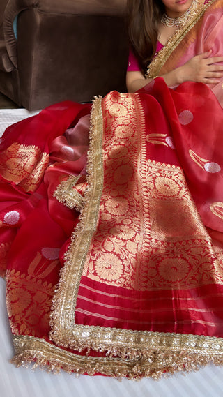 Tamatar laal shade leela kora silk kadhwa buti saree