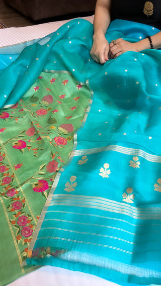 Menka (shades of green and blue) moonga silk kadhwa meenedar suit set