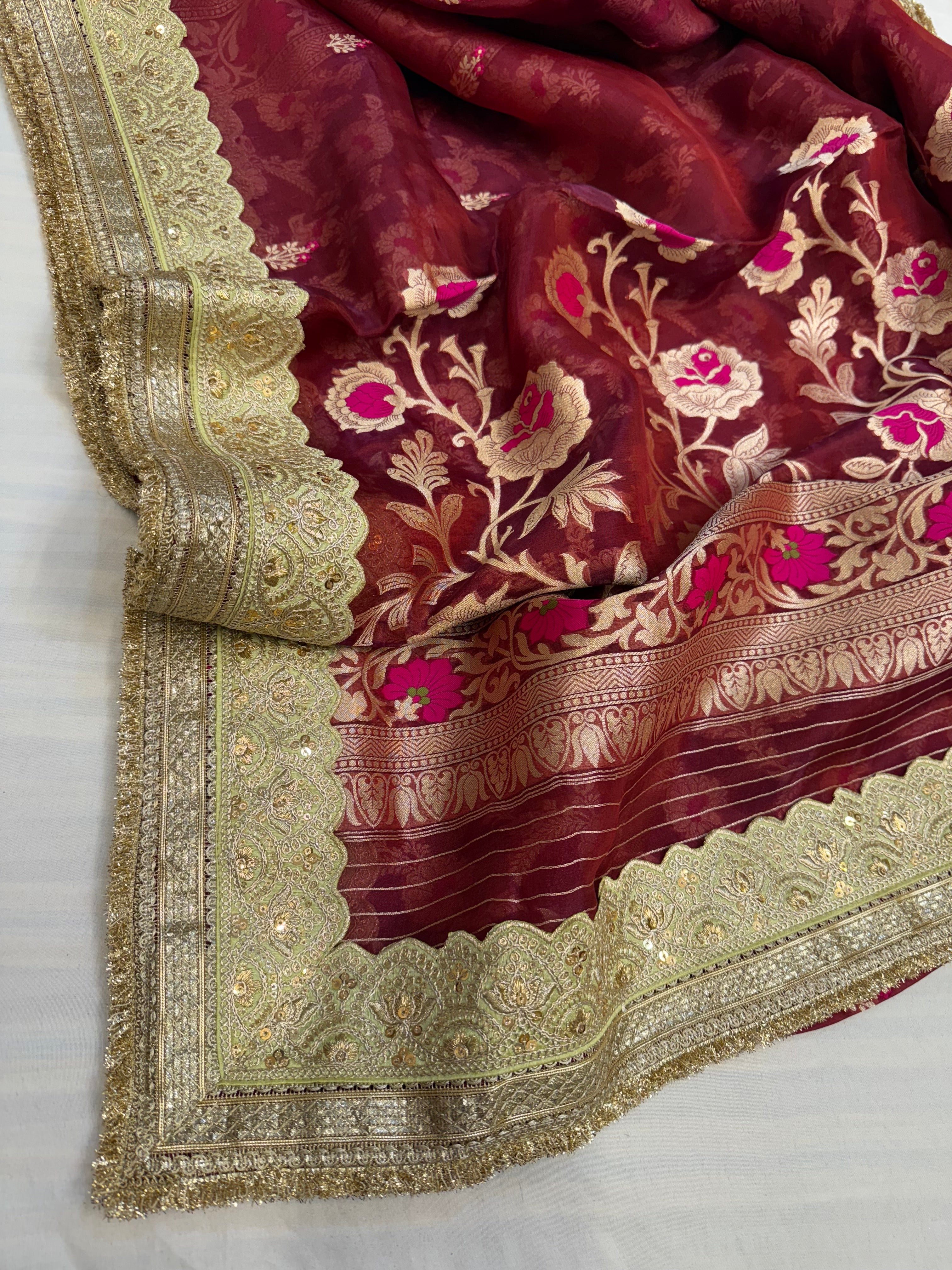 Cranberry pink maharani tissue silk meenakari saree