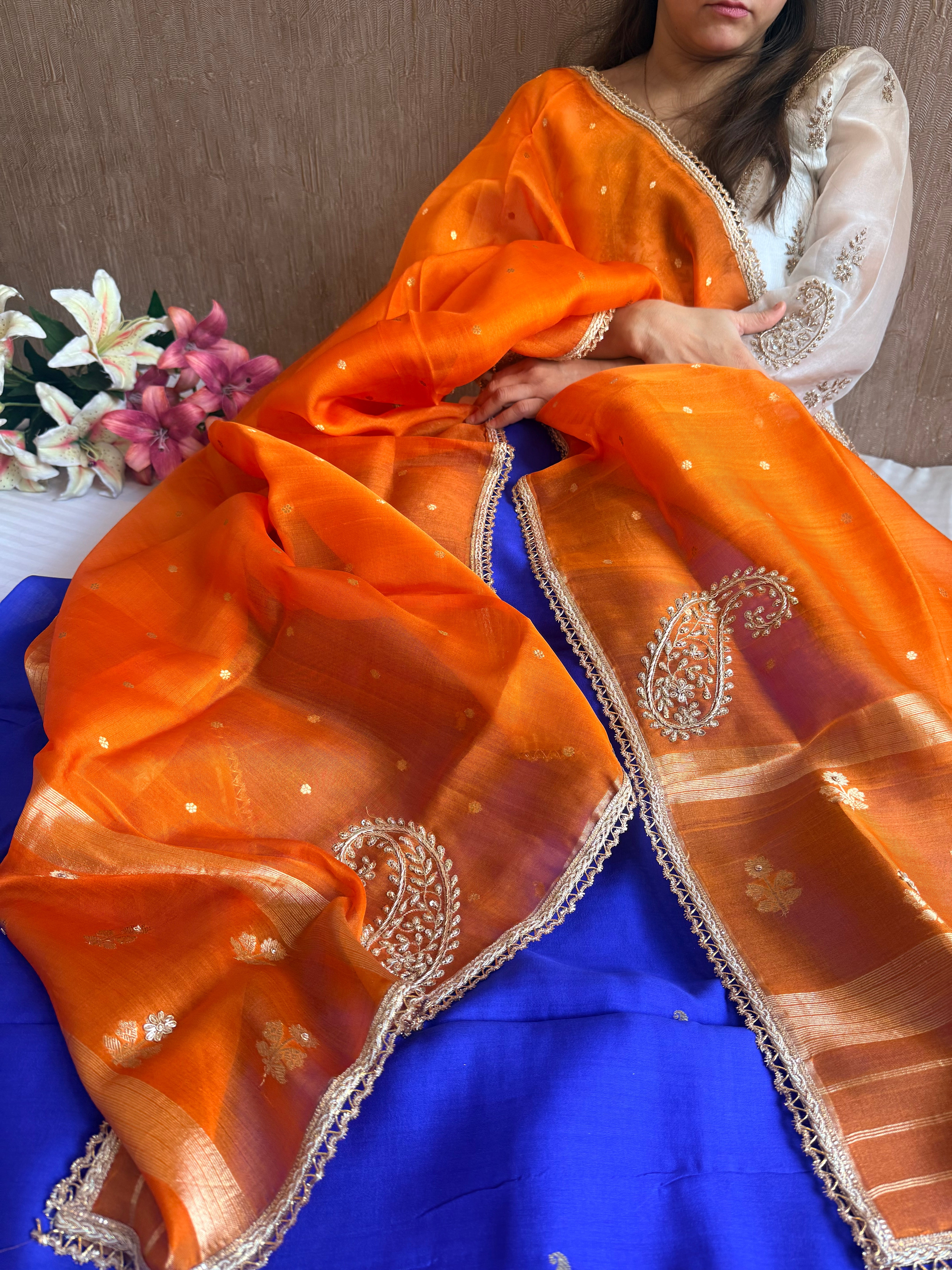 Ink blue - fanta orange chiniya silk kadhwa buta kurta paired with kora silk red duppata