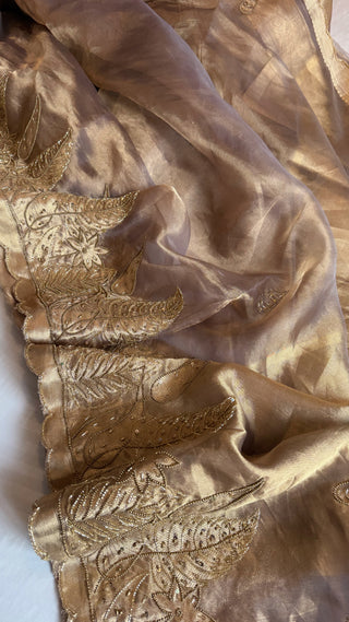 Husn soft grey tissue silk heavy hand embroidered saree