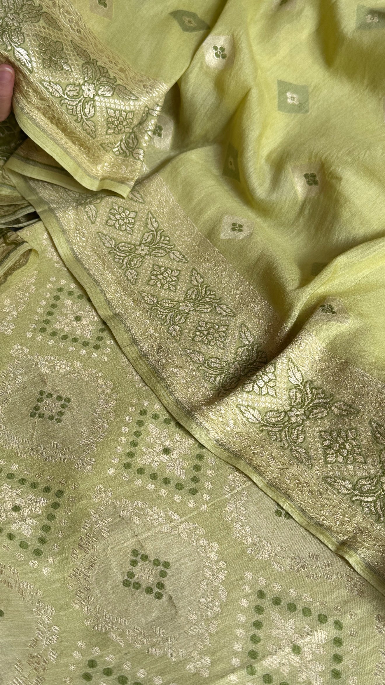 Lime green moonga silk bandhej weaving kadhwa suit set