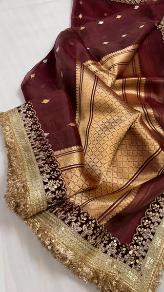 Maharani deepest maroon tissue silk kadhwa buti saree