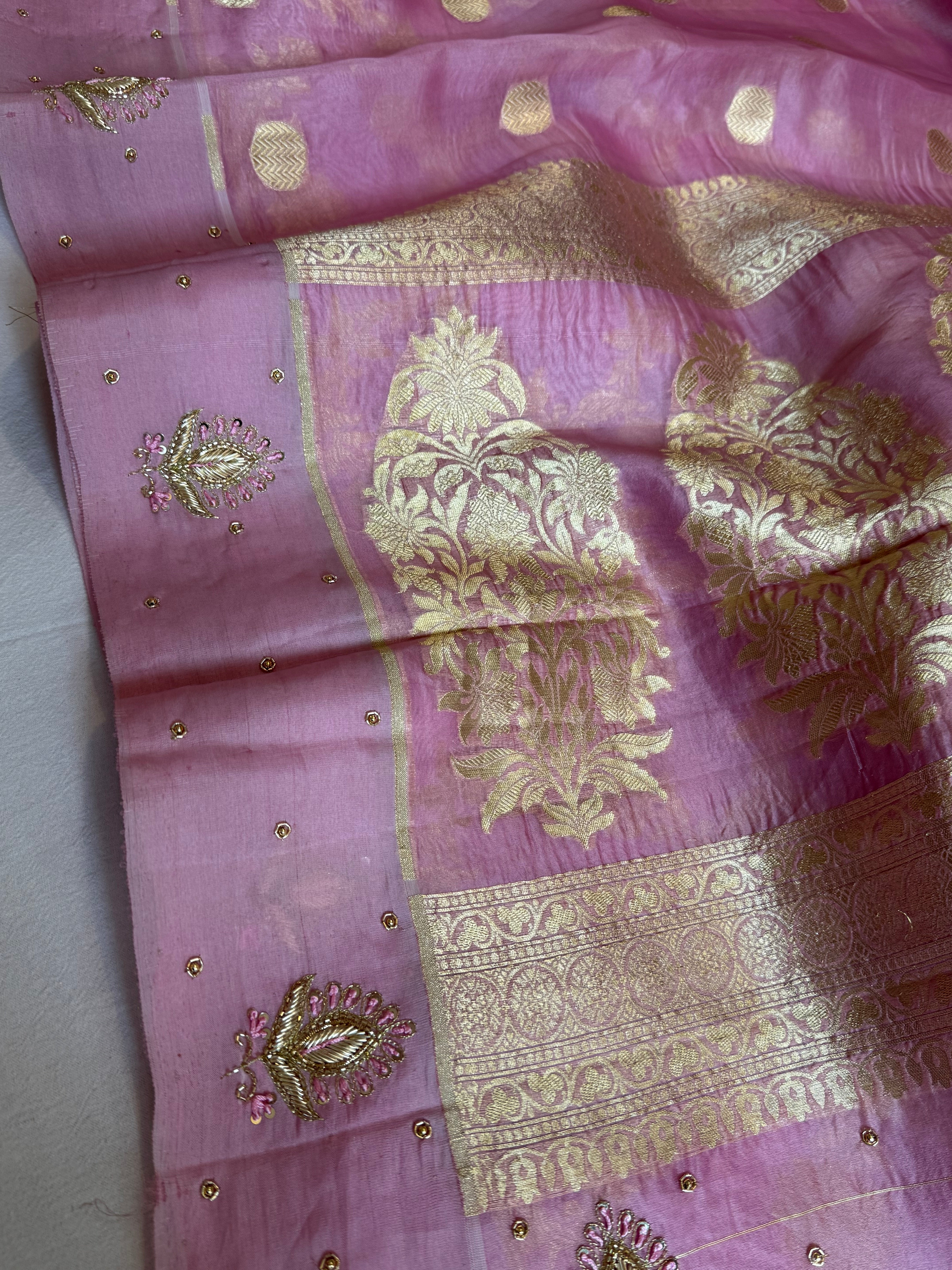 Blush pink banarasi kora silk kadhwa hand embroidered