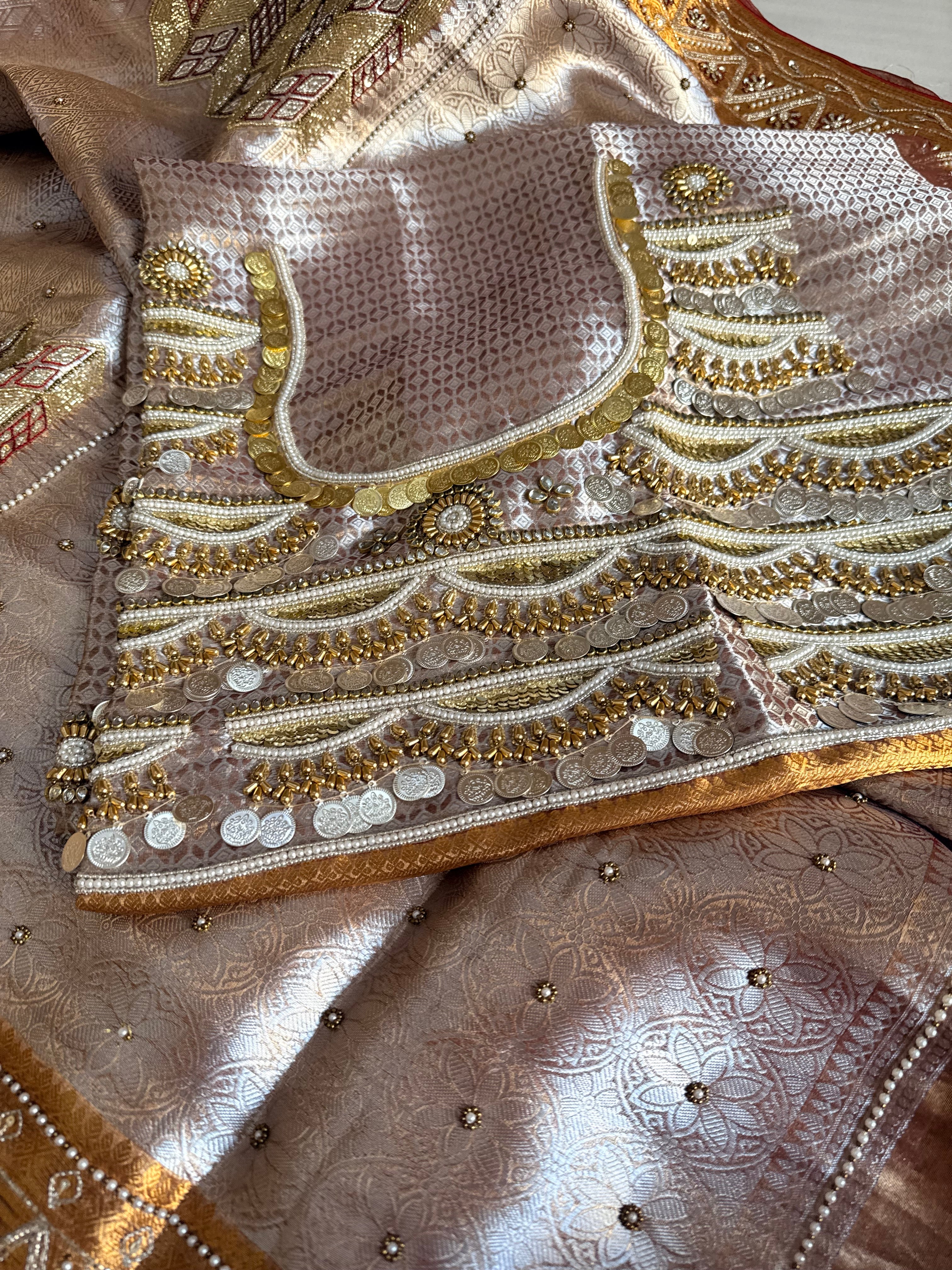 Kanjivaram tissue edit - Tissue brocade hand embroidered saree with jadauwork blouse